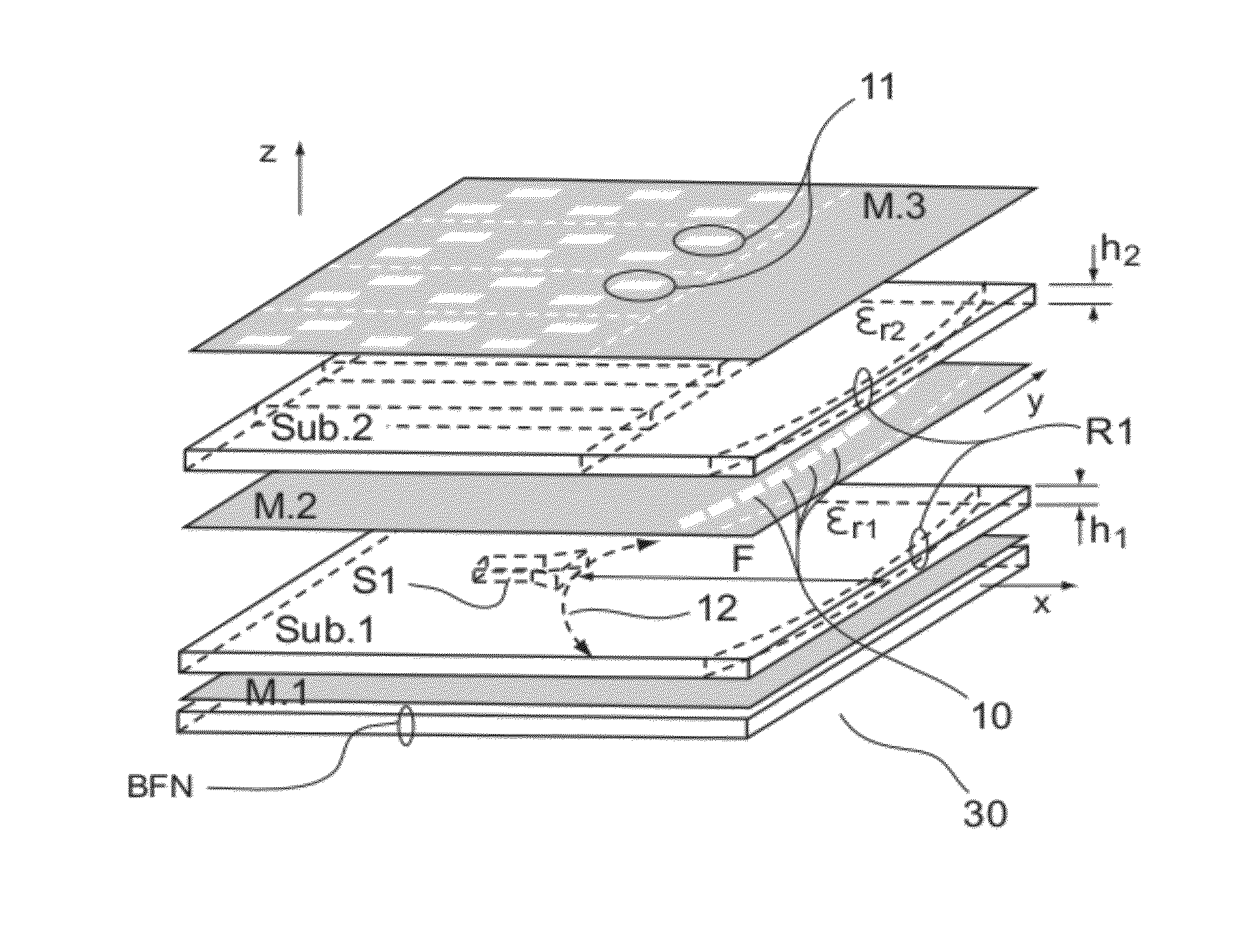 Multilayer pillbox type parallel-plate waveguide antenna and corresponding antenna system