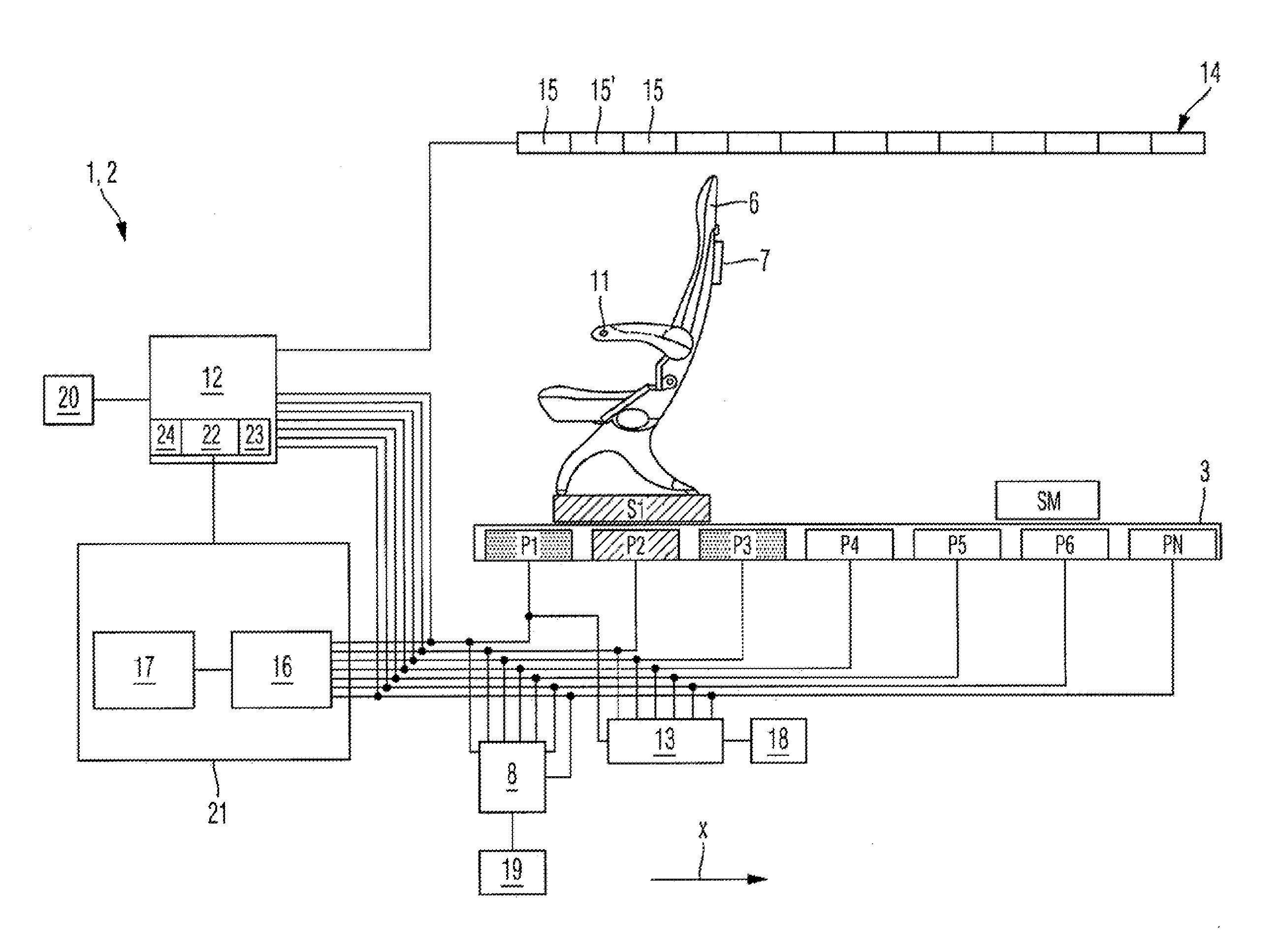 System, aircraft or spacecraft, and method for measuring a current position of a second vehicle part relative to a first vehicle part