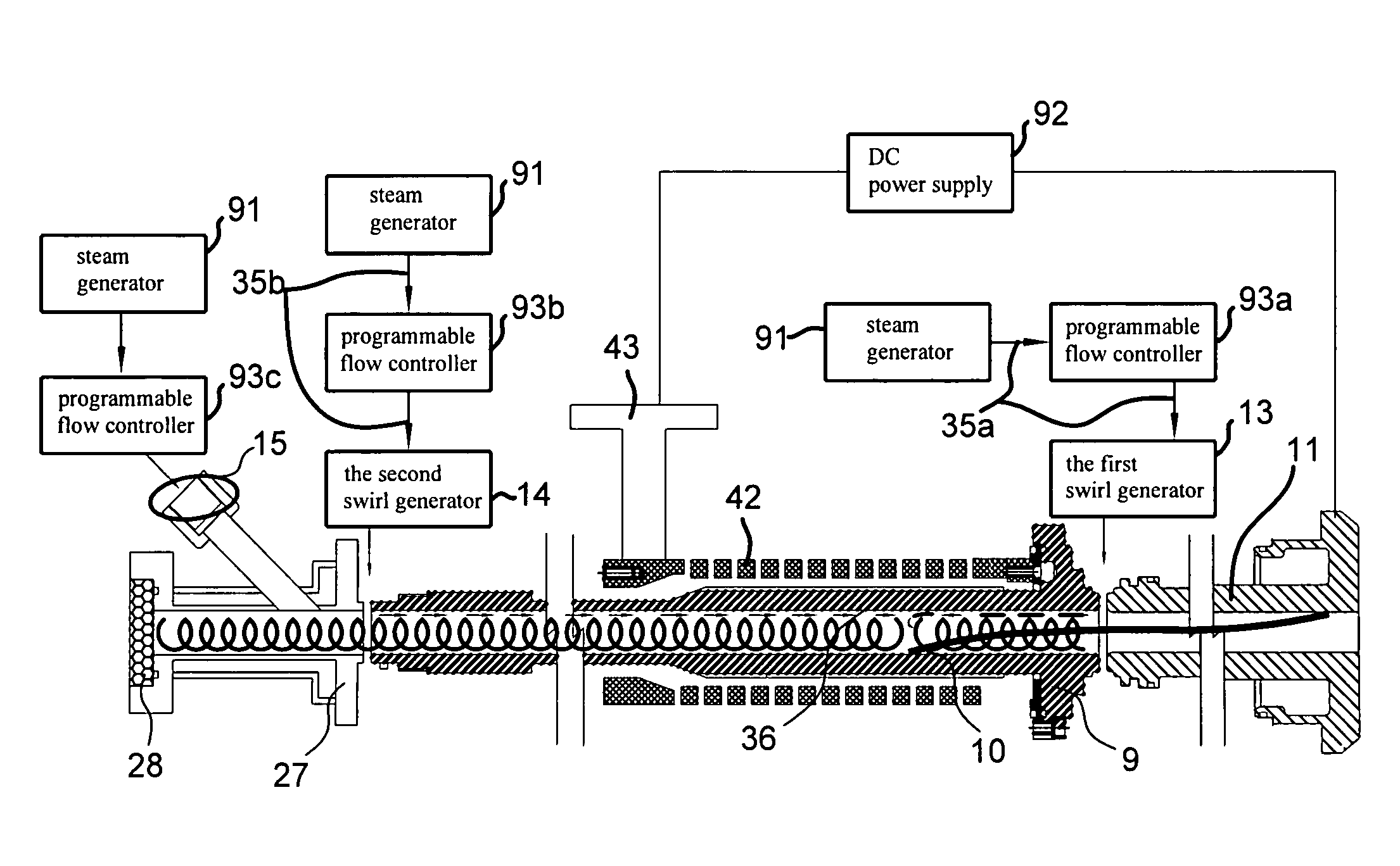 Direct current steam plasma torch and method for reducing the erosion of electrodes thereof