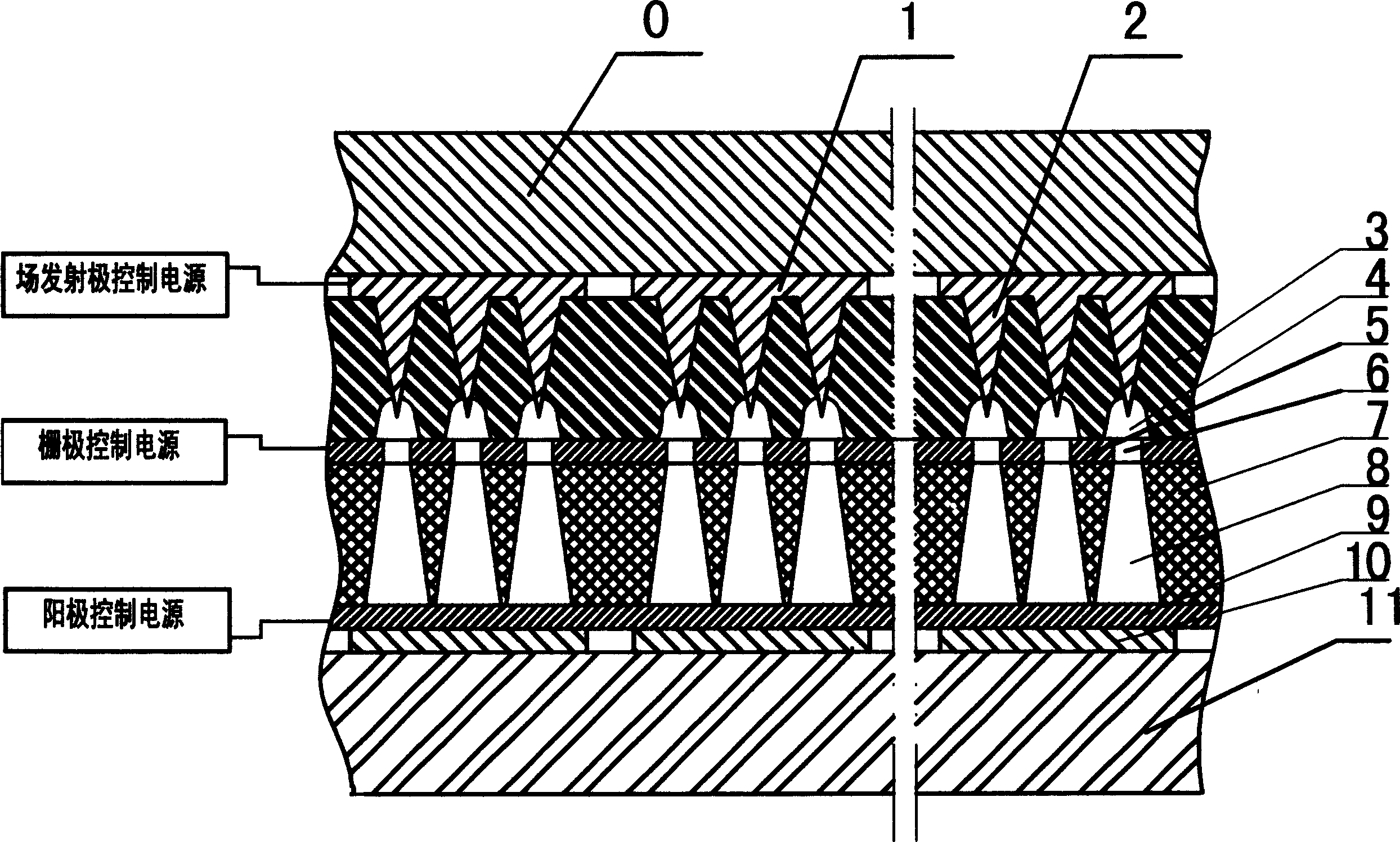 Mfg. field emitting vacuum microelectronic element by utilizing nulear track tech and display thereof