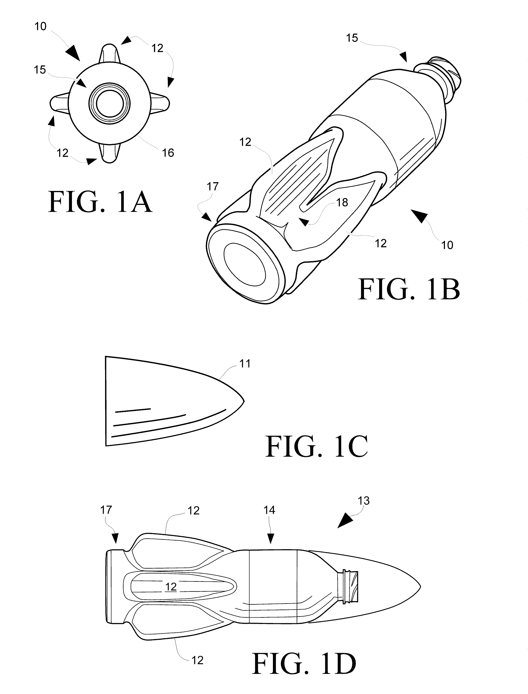 Thin-walled blow-formed tossable bottle with reinforced intra-fin cavities