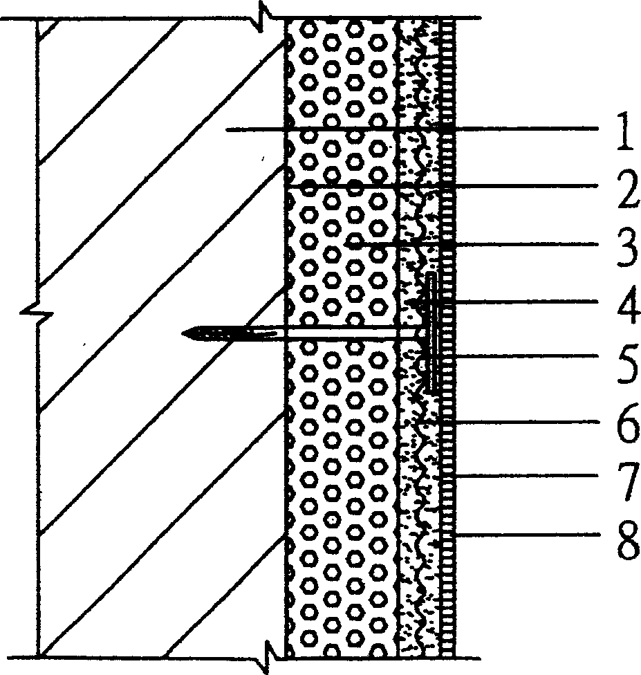 Outer heat insulating wall with anchored and adhered tile and its construction process