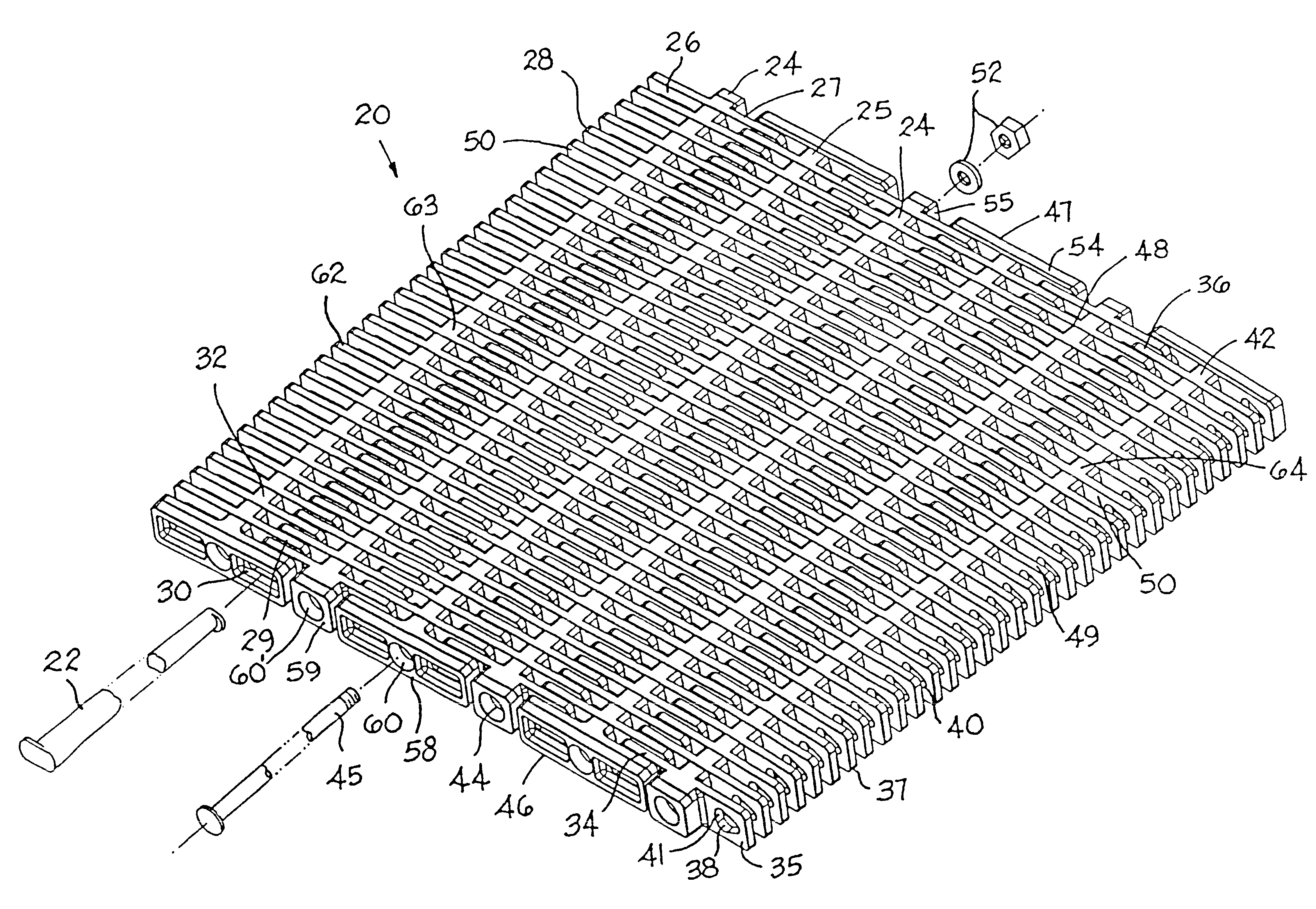 Modular belt with tapered oblong hinge pins