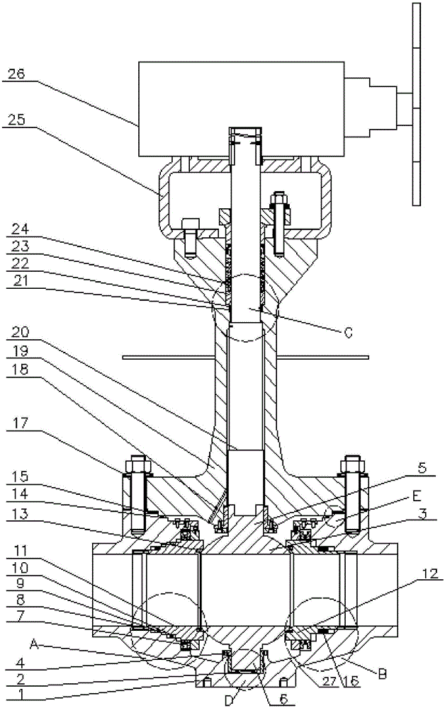 Low-temperature top-assembling type fixed ball valve