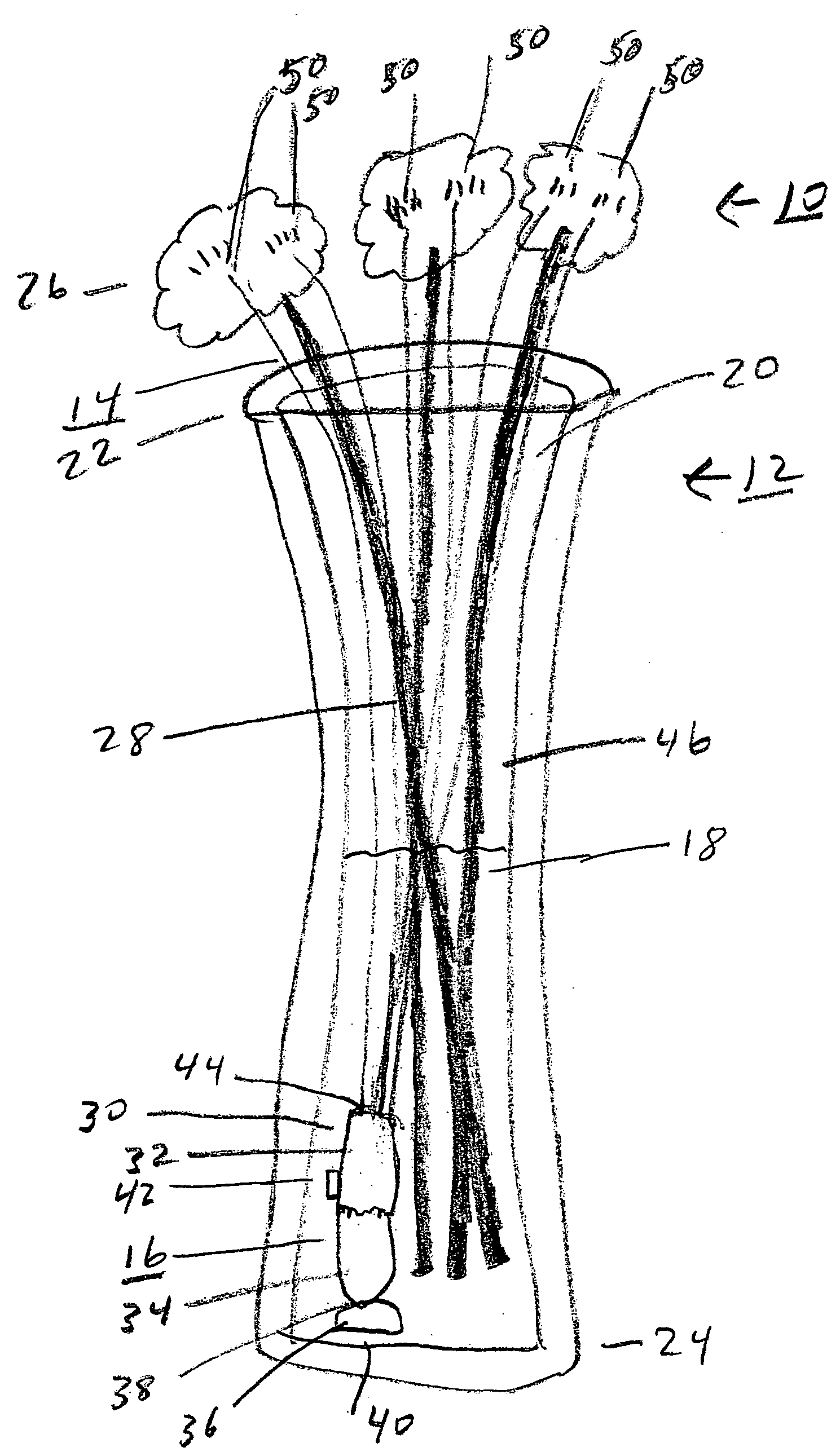 Submersible light source for an optical fiber flower display in a water-filled vase