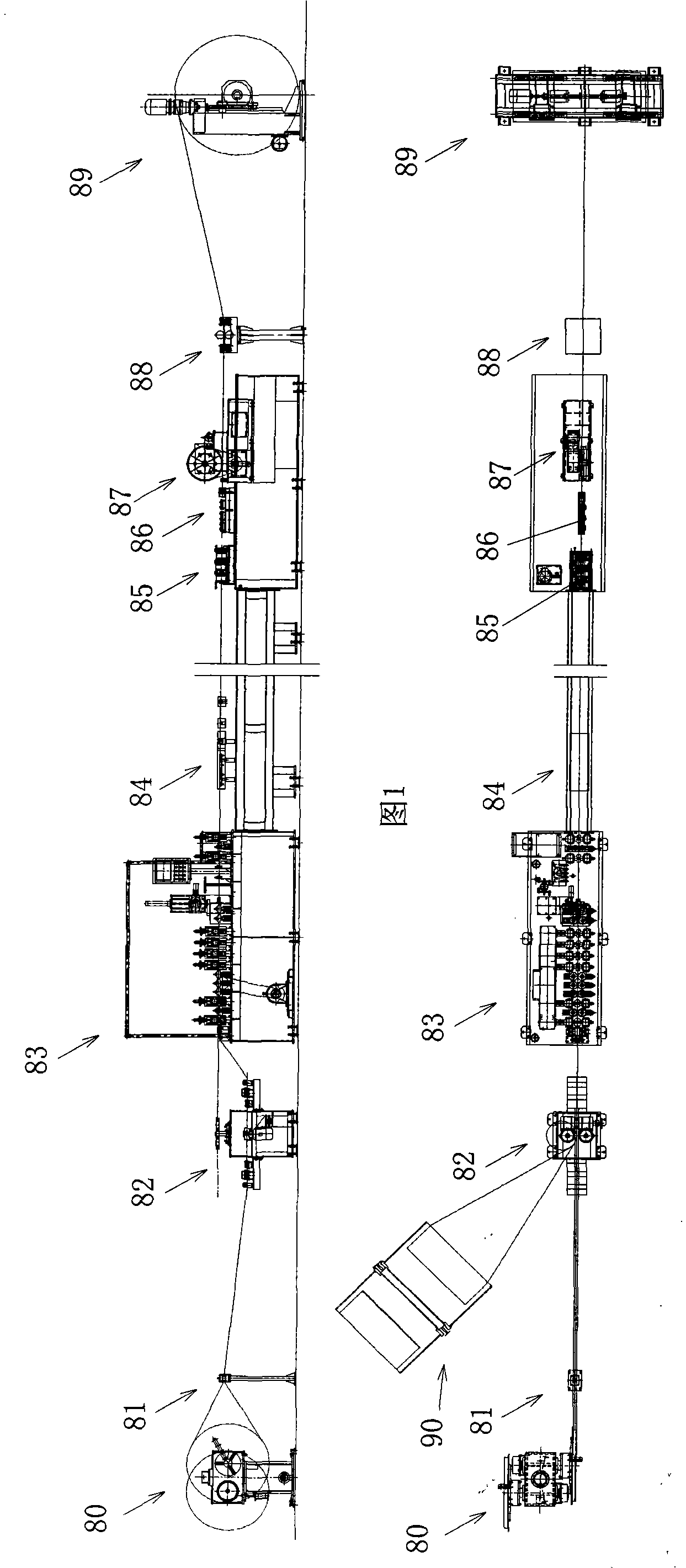 Consecutive wrapping welding drawing production line for railway subgrade through ground wires