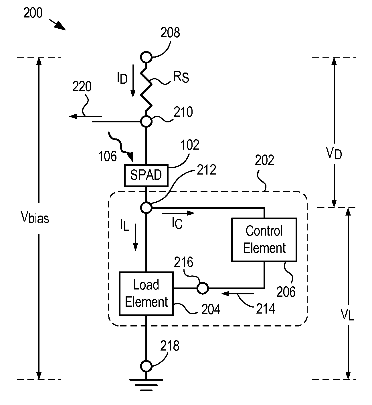 Two-state negative feedback avalanche diode having a control element for determining load state