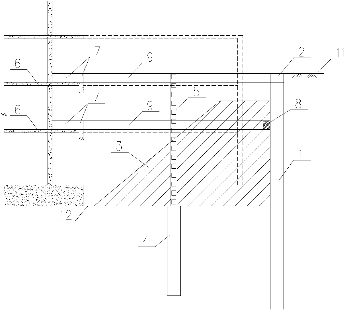 Foundation ditch construction method of horizontal bracing structure of central island floor slaps