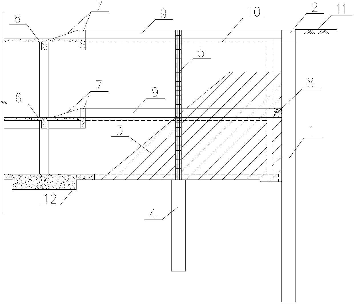 Foundation ditch construction method of horizontal bracing structure of central island floor slaps