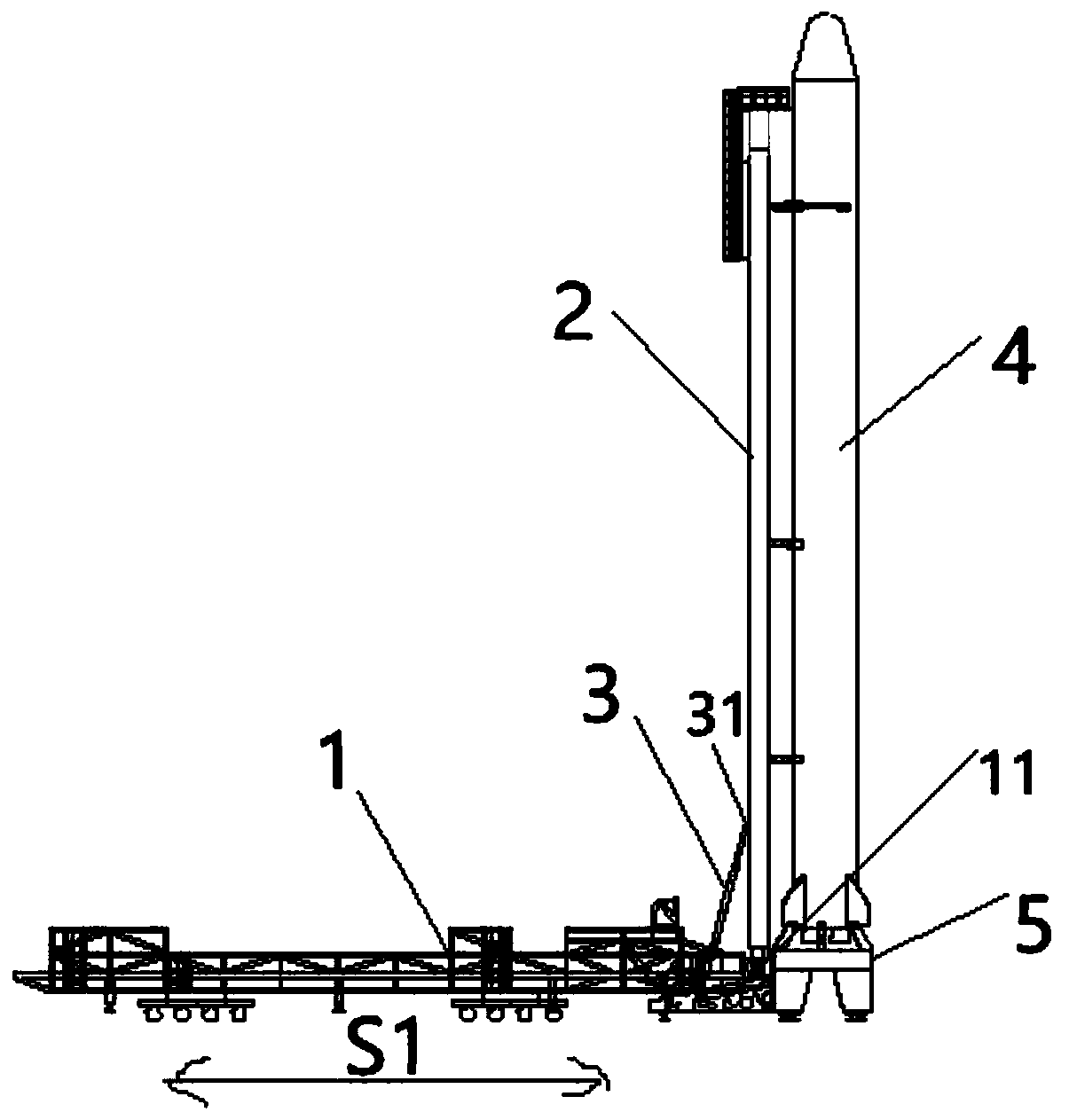 Erecting device for rocket launching and rocket launching auxiliary system