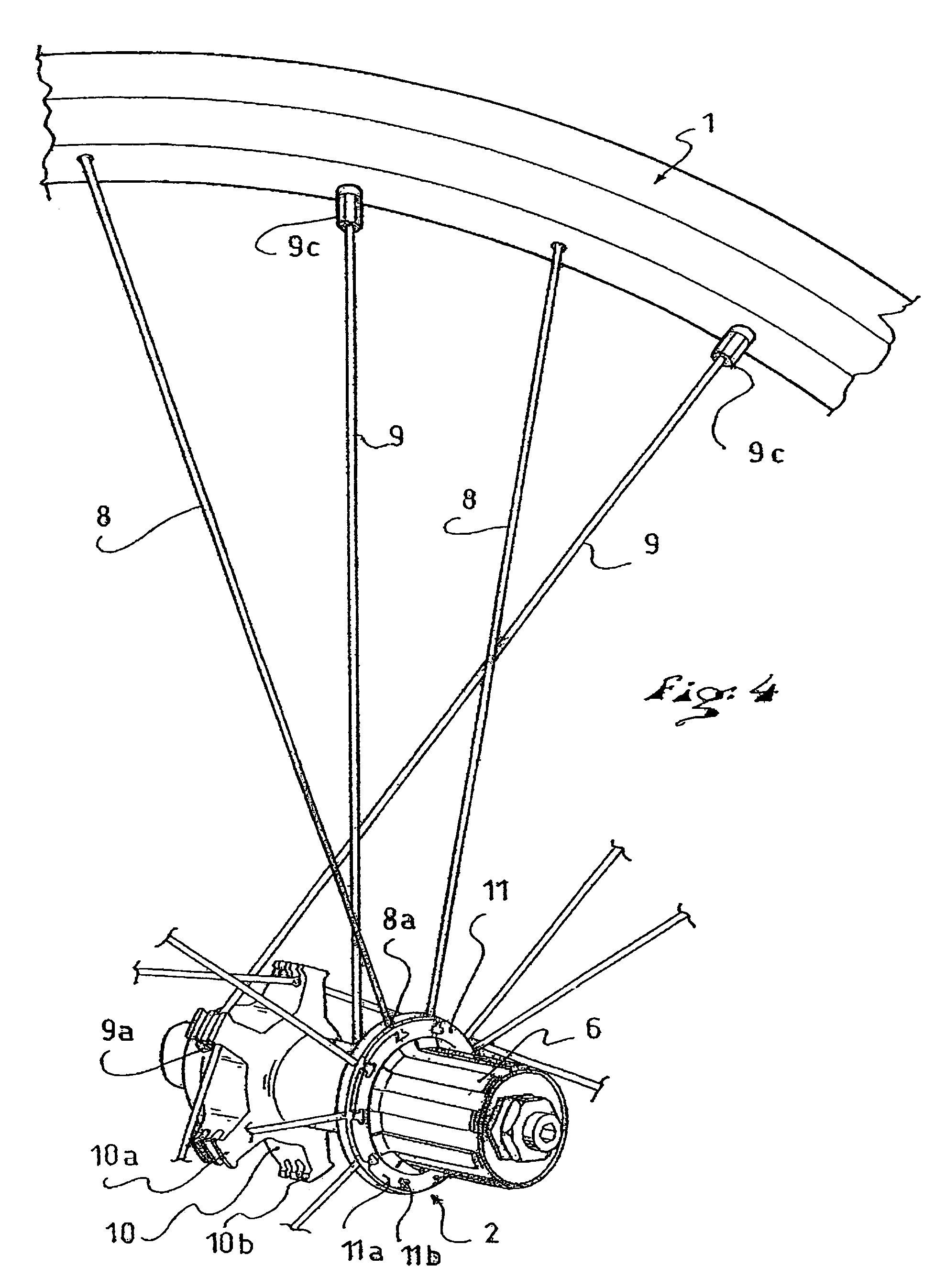 Wheel with tension spokes and a method of manufacturing such wheel