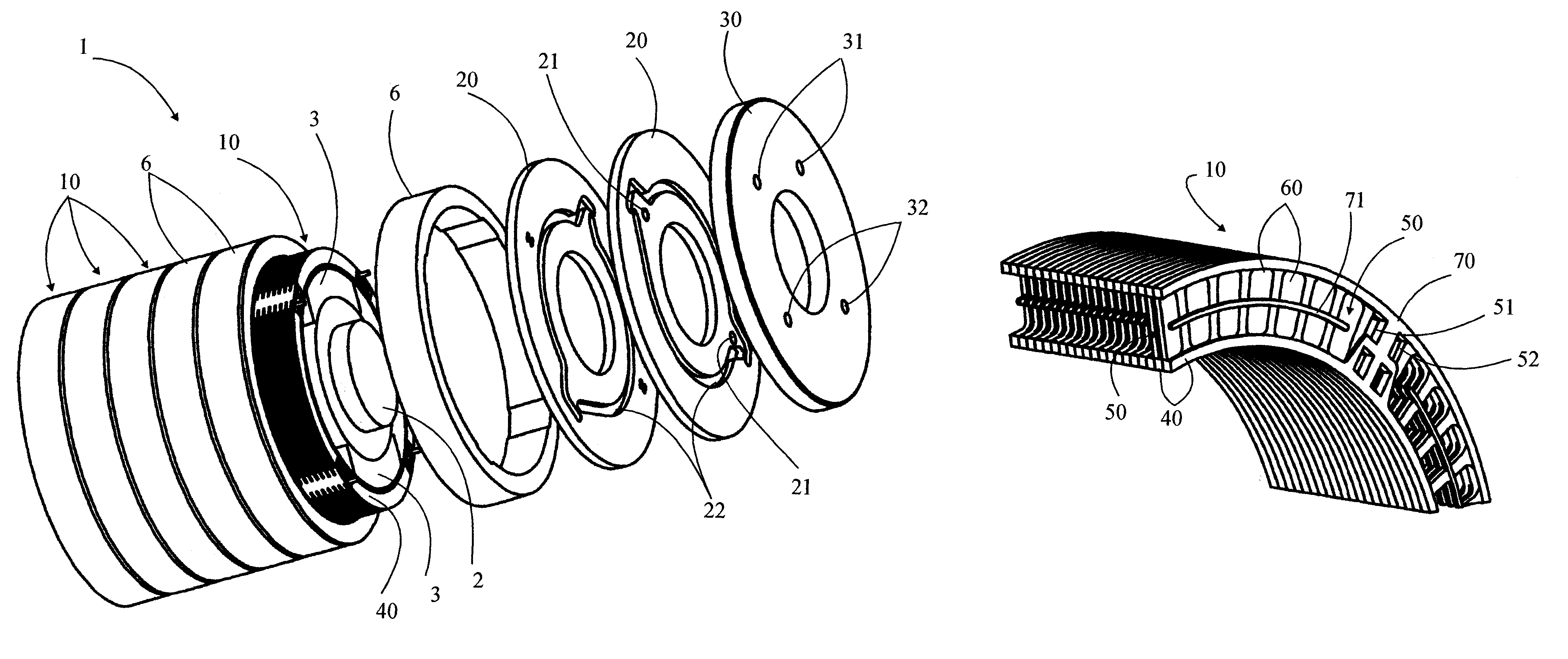 Magnetocaloric thermal generator having hot and cold circuits channeled between stacked thermal elements