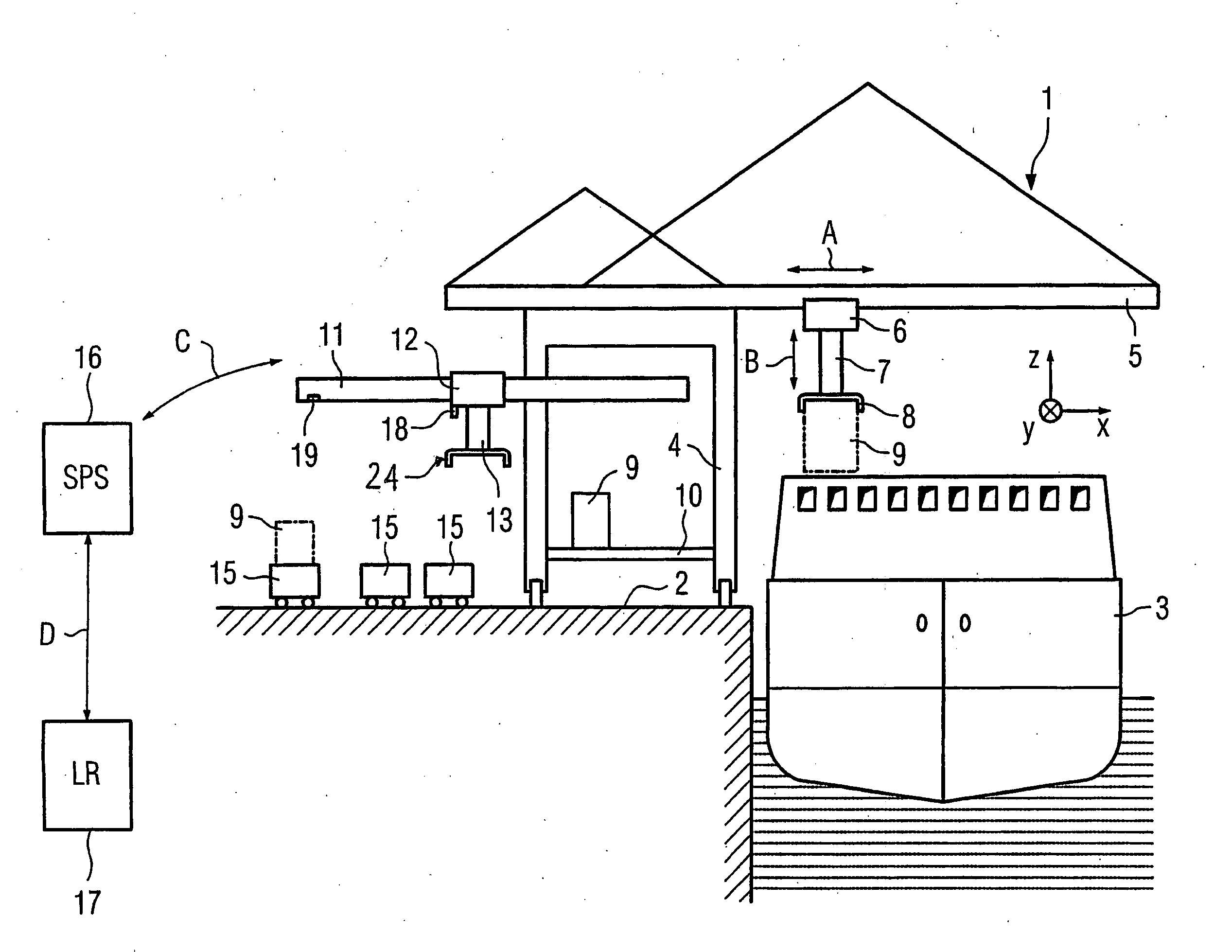 Container crane, and method of determining and correcting a misalignment between a load-carrying frame and a transport vehicle