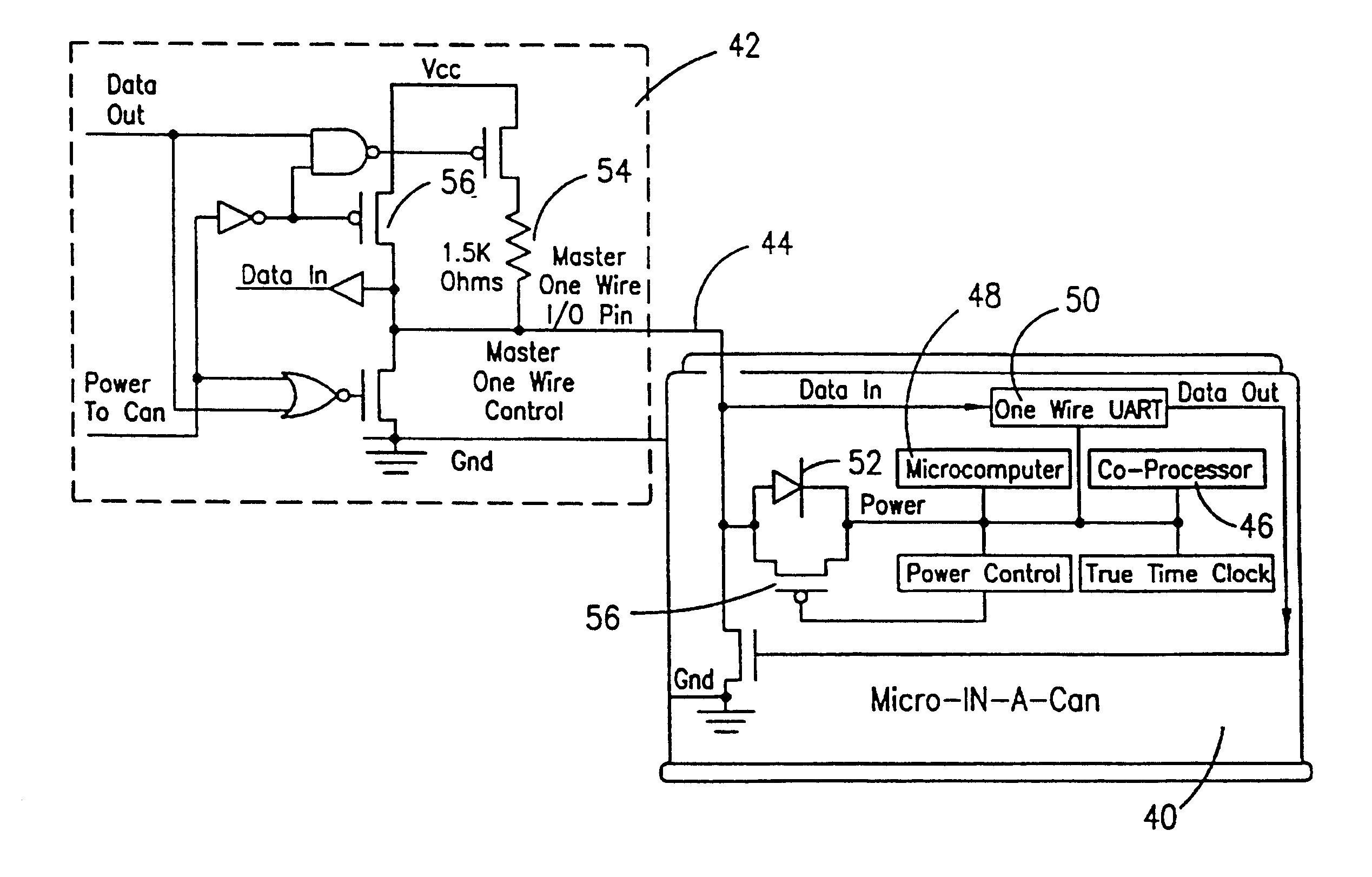 Parasitically powered microprocessor capable of transmitting data over a single data line and ground