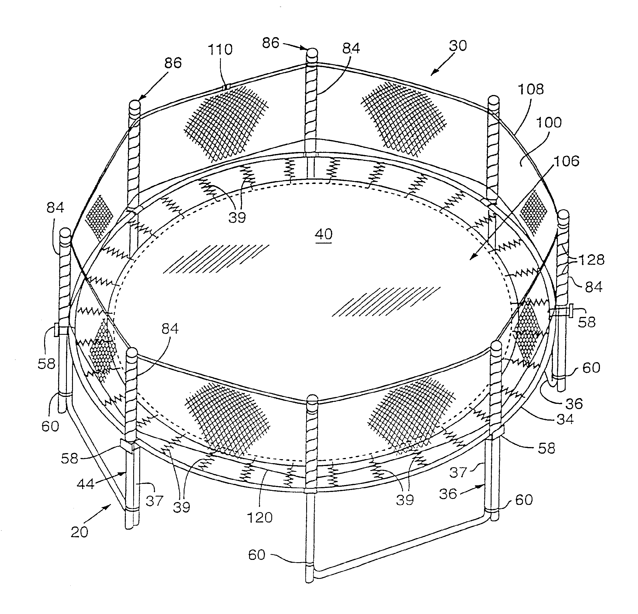 Trampoline or the like with enclosure