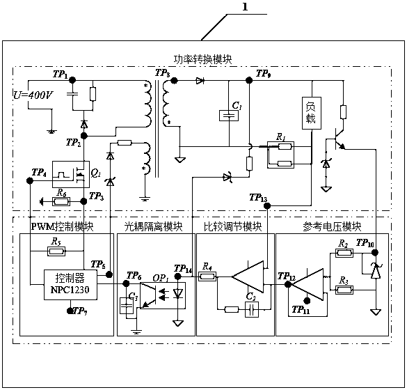 Fyback power supply with testability analysis and fault diagnosis functions and test method thereof