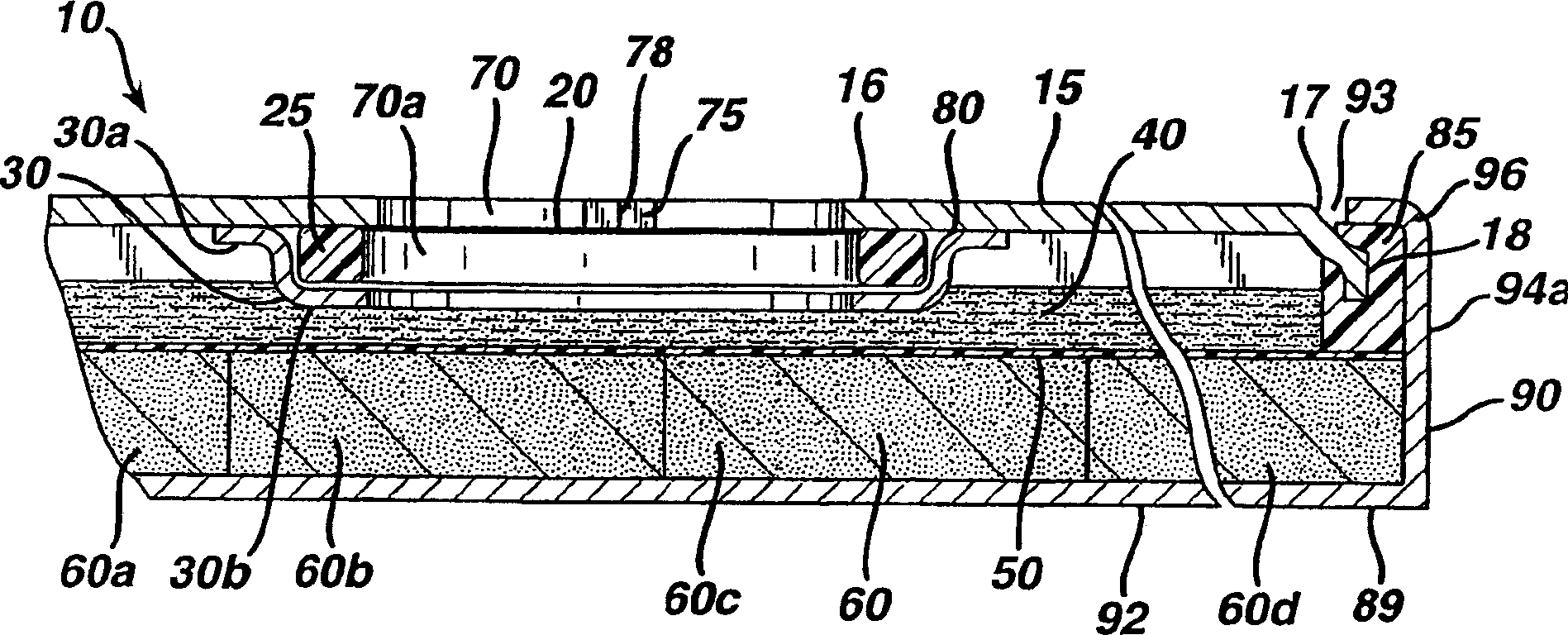 Electrochemical cell with flat casing and vent