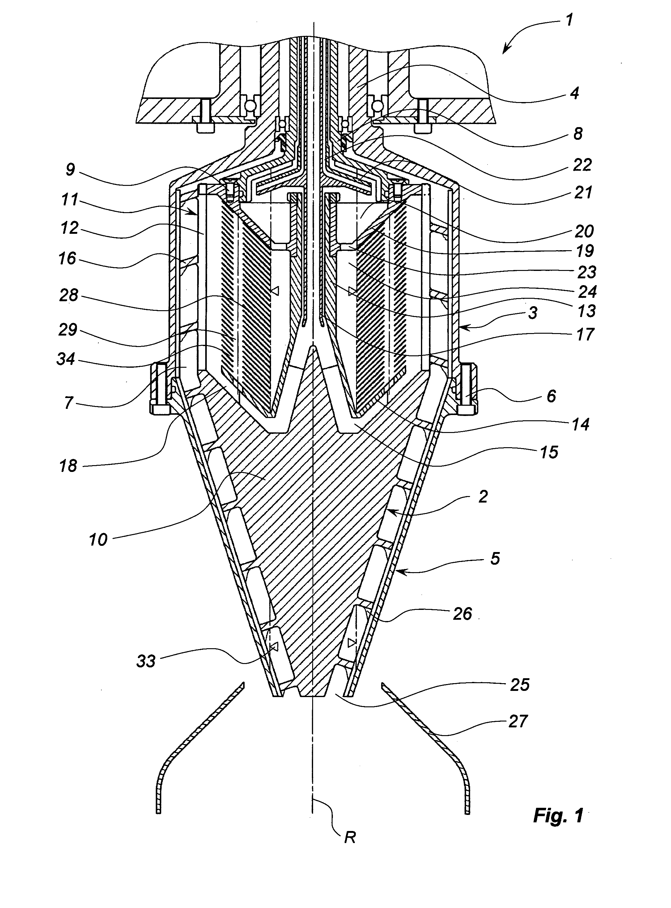 Method and device for cleaning of a fluid in a centrifugal separator