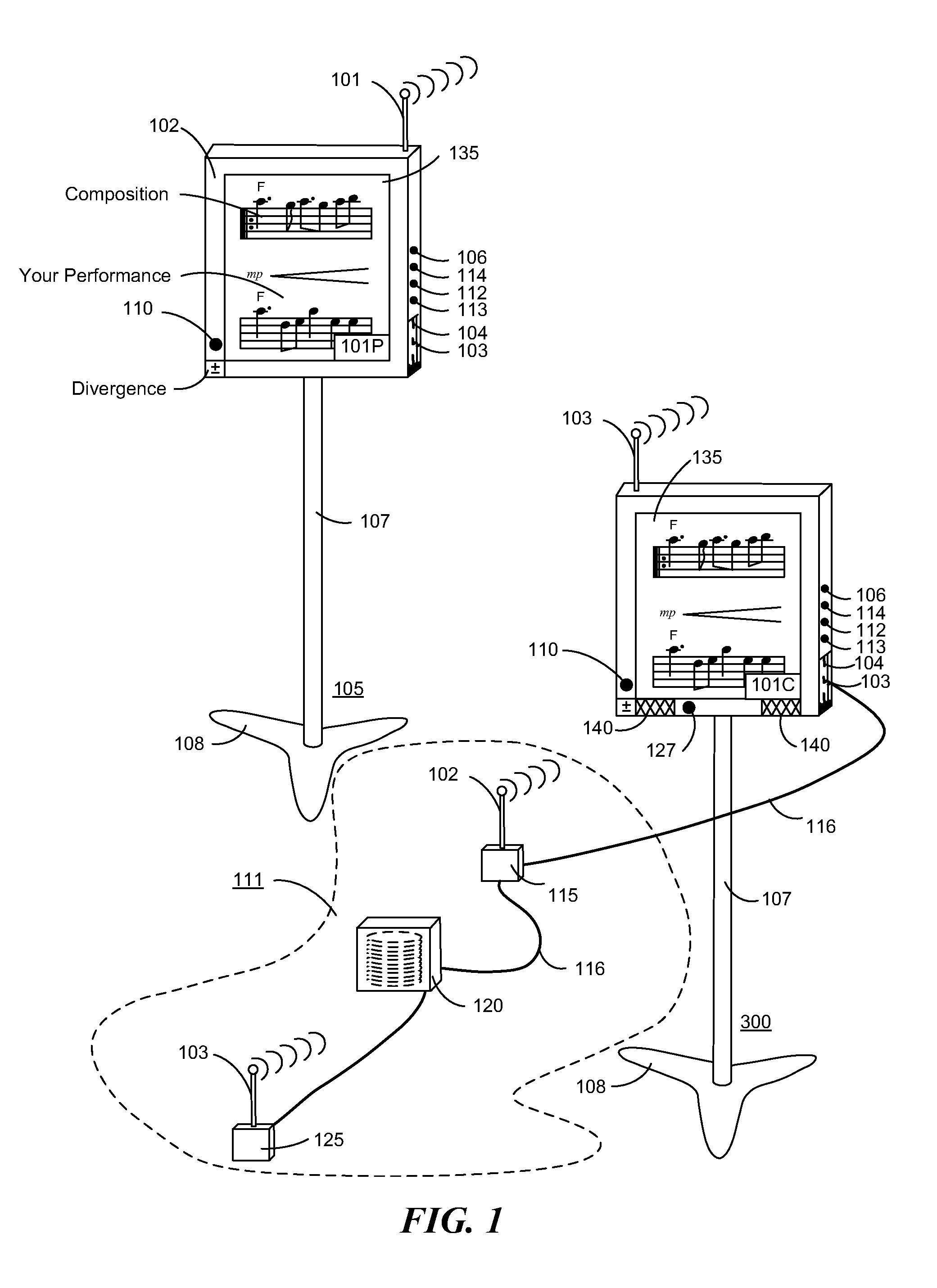 Electronic music stand performer subsystems and music communication methodologies