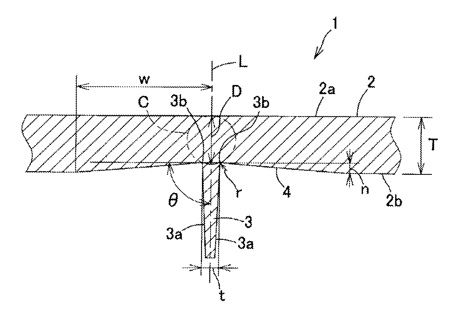 Moulded body having specific cross-sectional structure