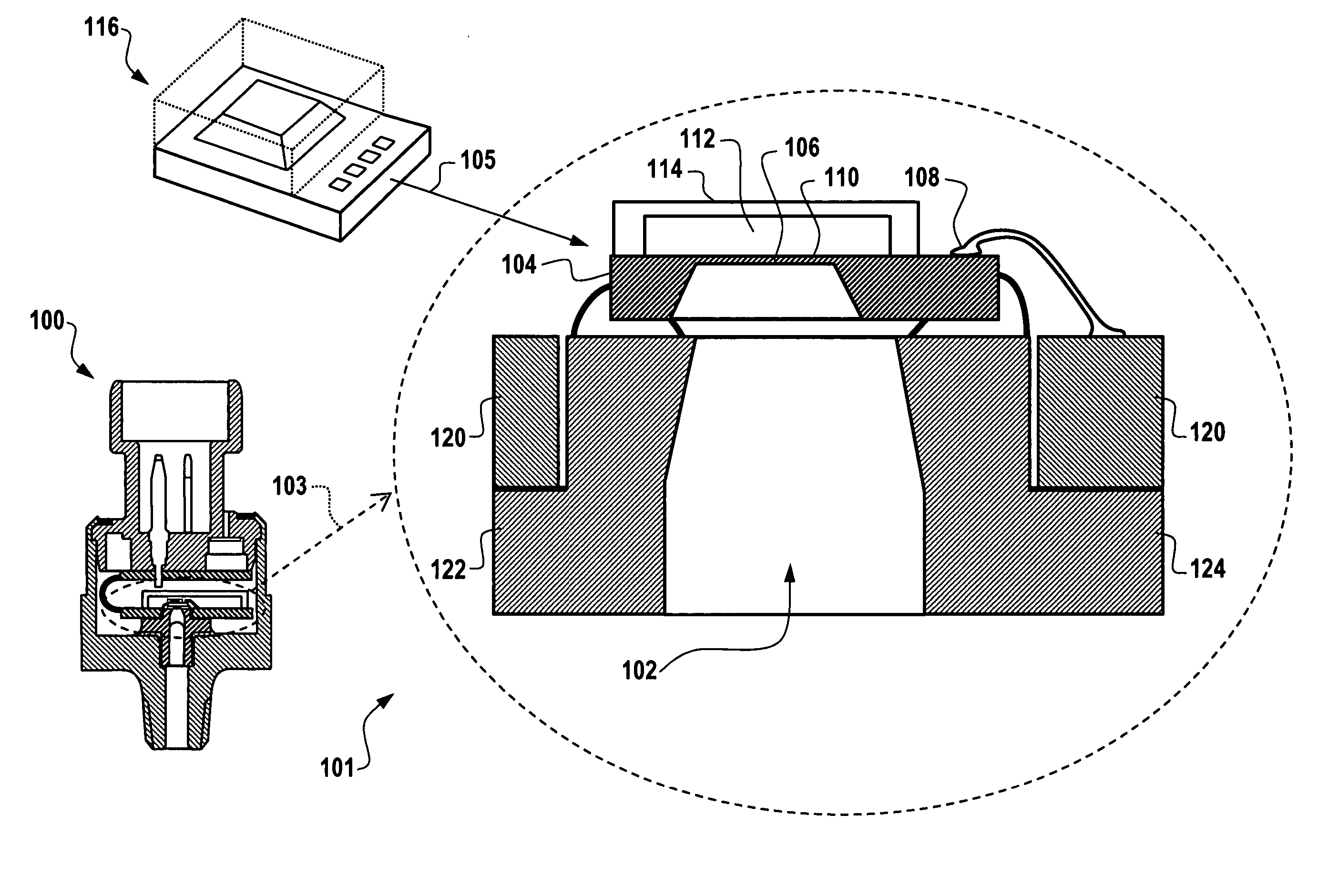 Exhaust back pressure sensor using absolute micromachined pressure sense die