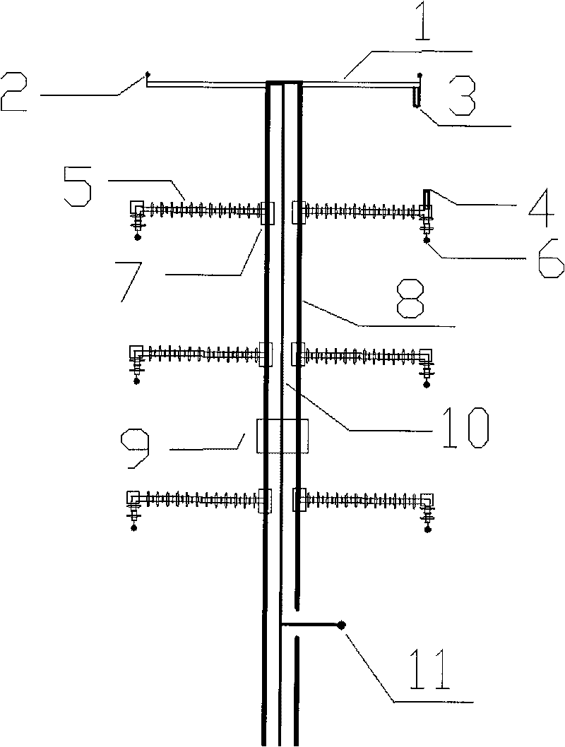 Grounding method for composite insulating pole tower of power transmission line and pole tower thereof