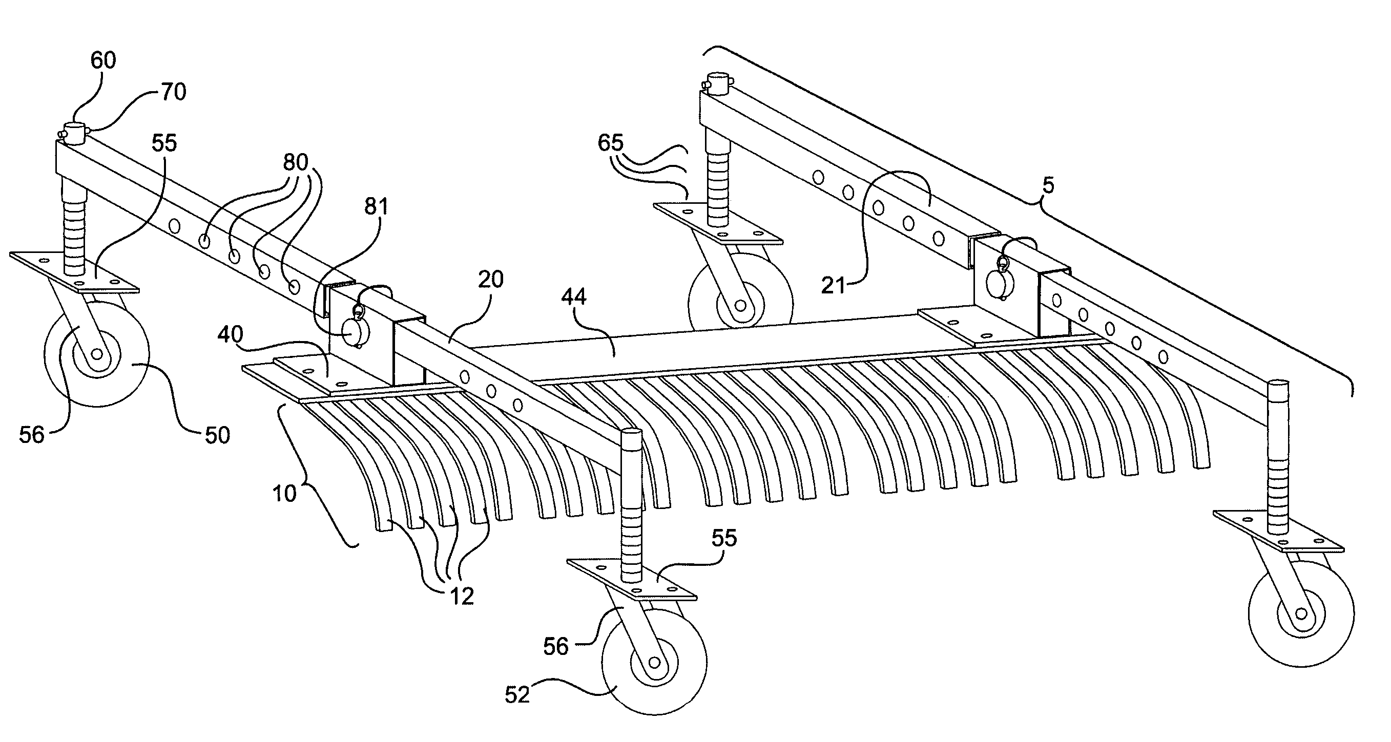 Rake with four-wheel stabilizing system