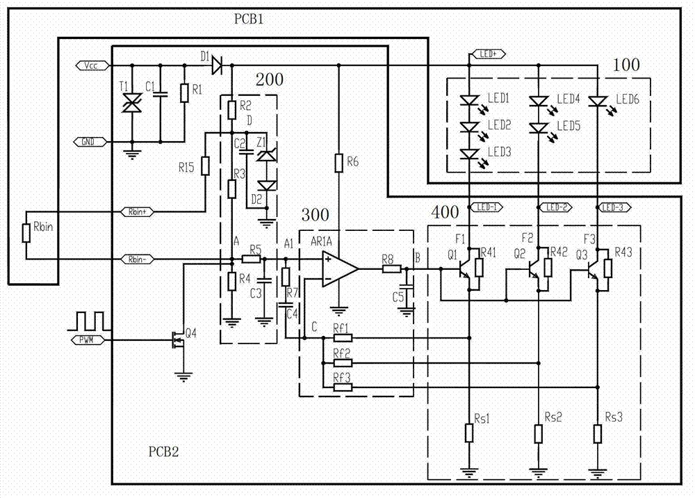 Linear constant-current and current-sharing LED drive circuit and circuit board structure thereof