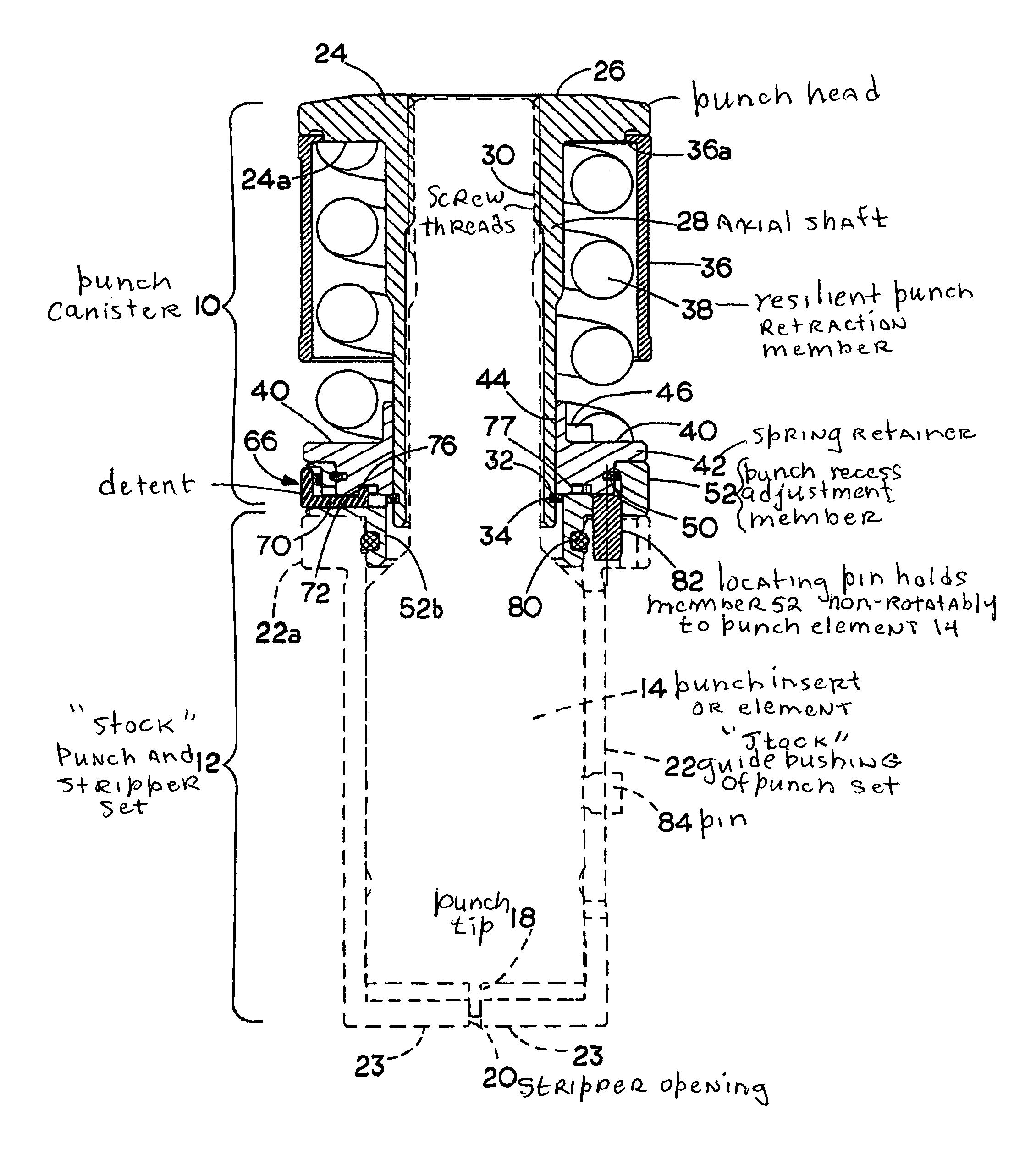 Punch with self-contained punch recess adjustment indexing