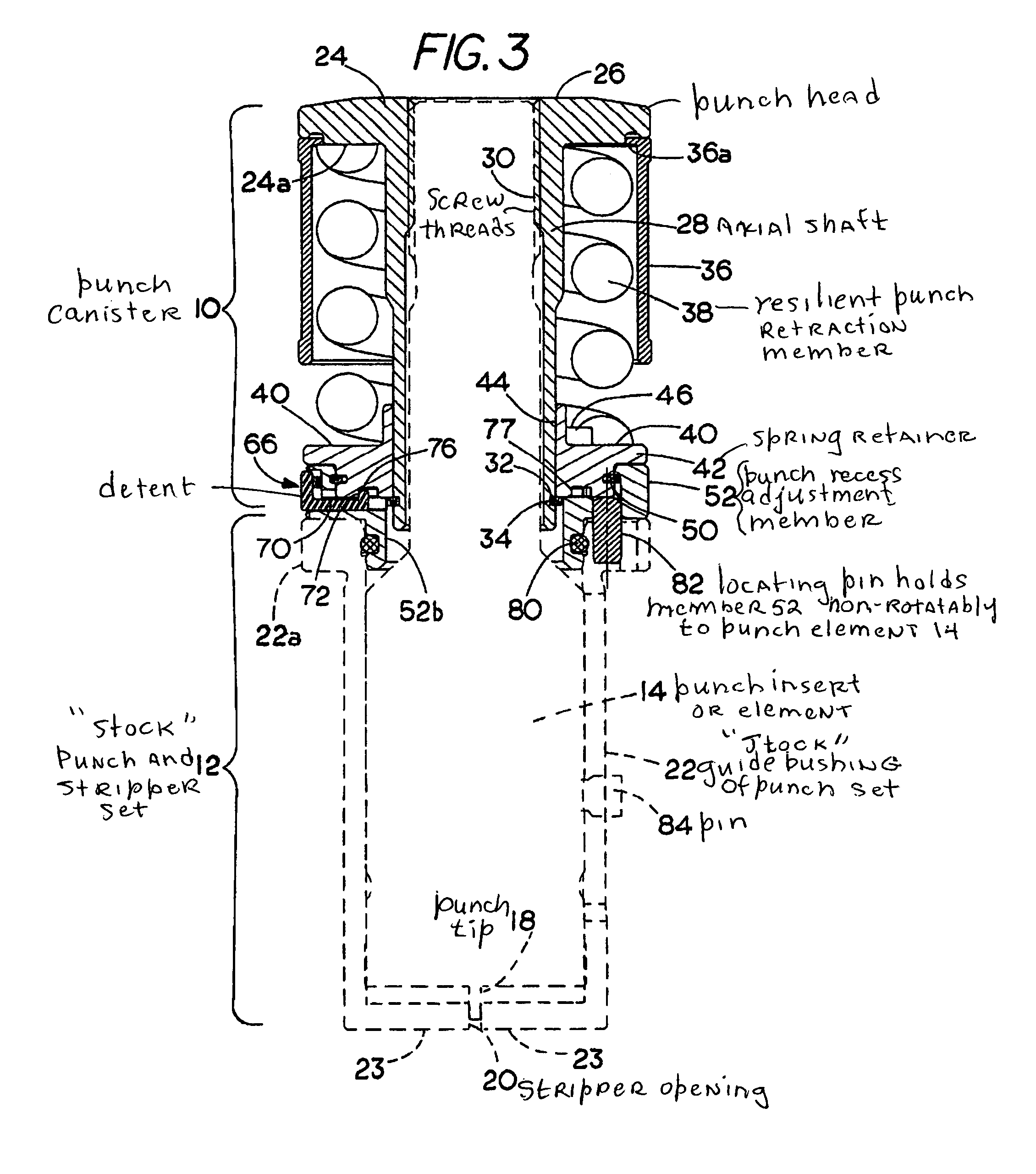 Punch with self-contained punch recess adjustment indexing