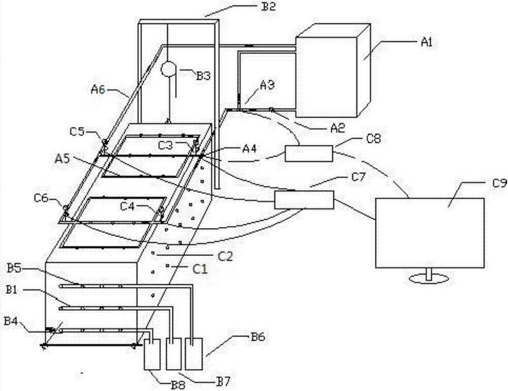 Side slope testing device for simulating rainfall space time changes