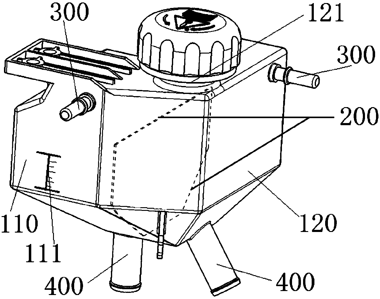 Expansion tank used by double systems of new energy automobile in common