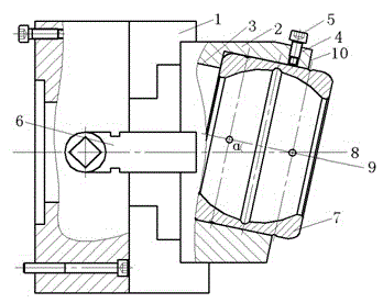 Clamp for machining oil groove, shaped like Arabic number 8, of inner spherical face of joint bearing and producing and using method of clamp