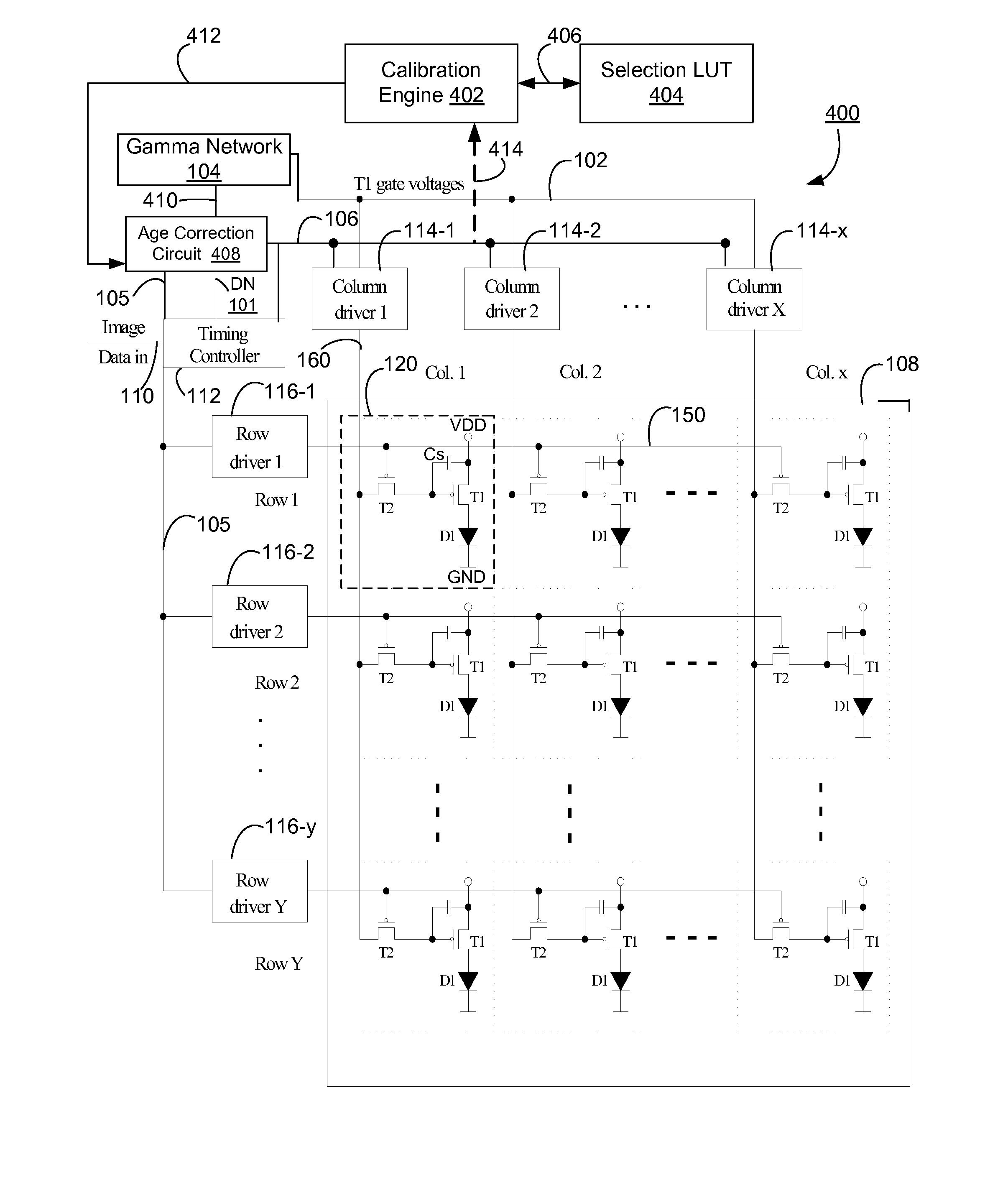 Emission control in aged active matrix OLED display using voltage ratio or current ratio with temperature compensation