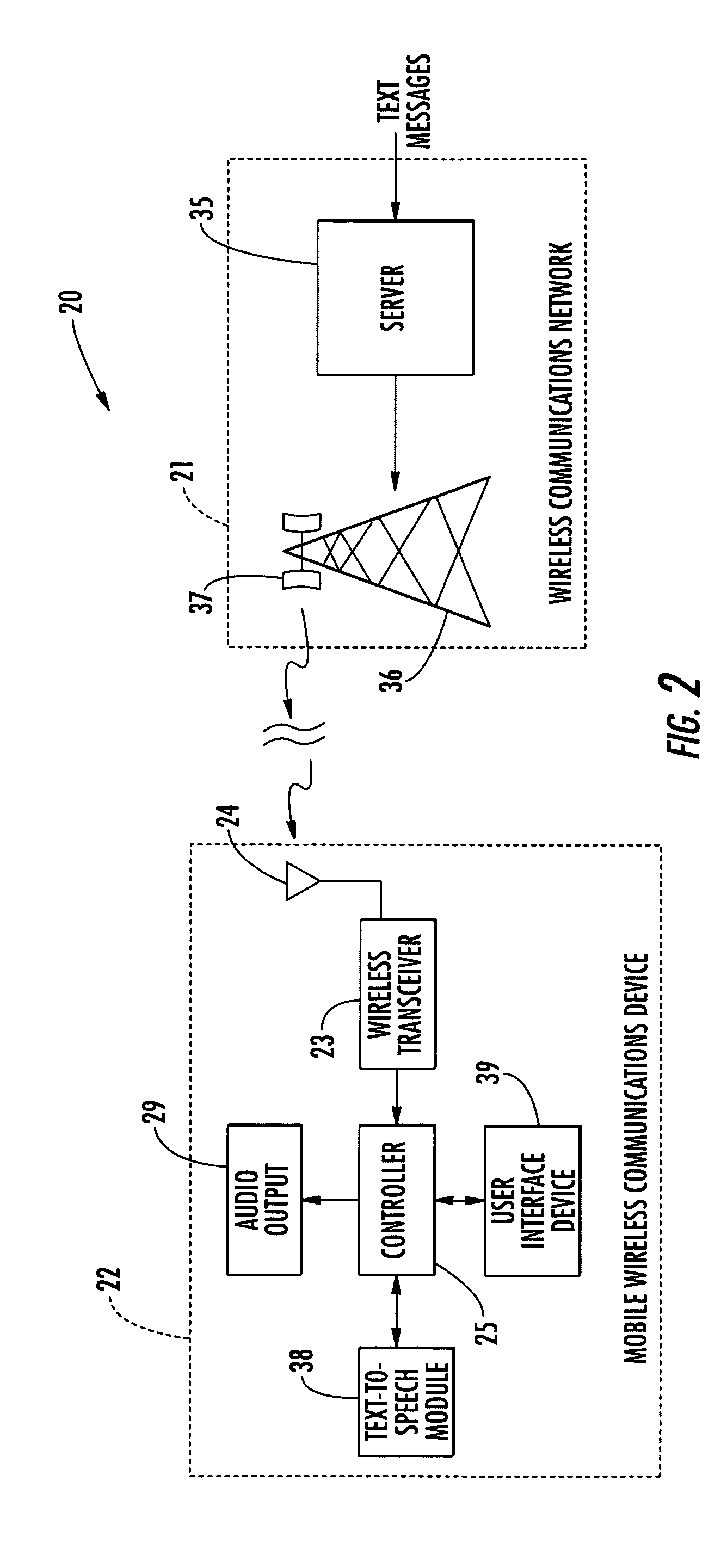 Communications system providing text-to-speech message conversion features using audio filter parameters and related methods