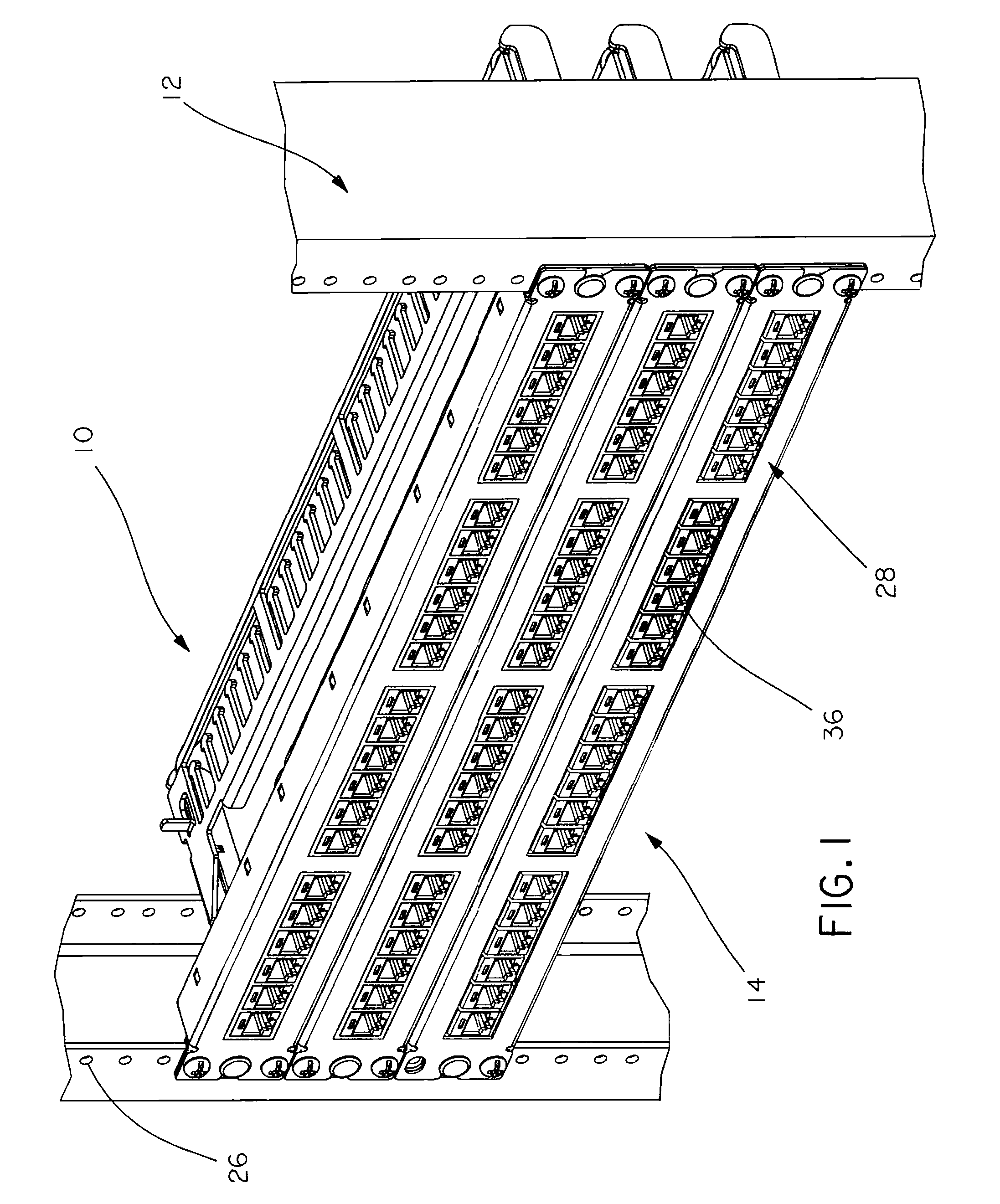 Pivoting strain relief bar for data patch panels