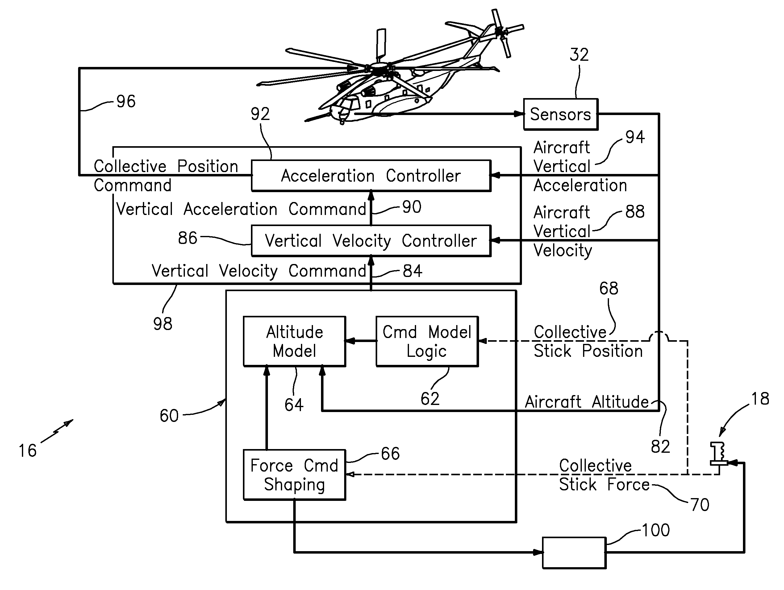 Vertical speed and flight path command module for displacement collective utilizing tactile cueing and tactile feedback