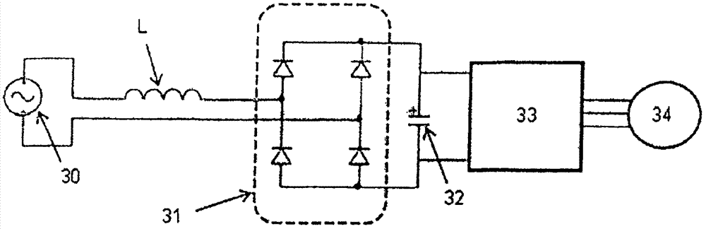 System for correction of harmonic content in electric power circuit, system for control of electric motors, and refrigeration compressor