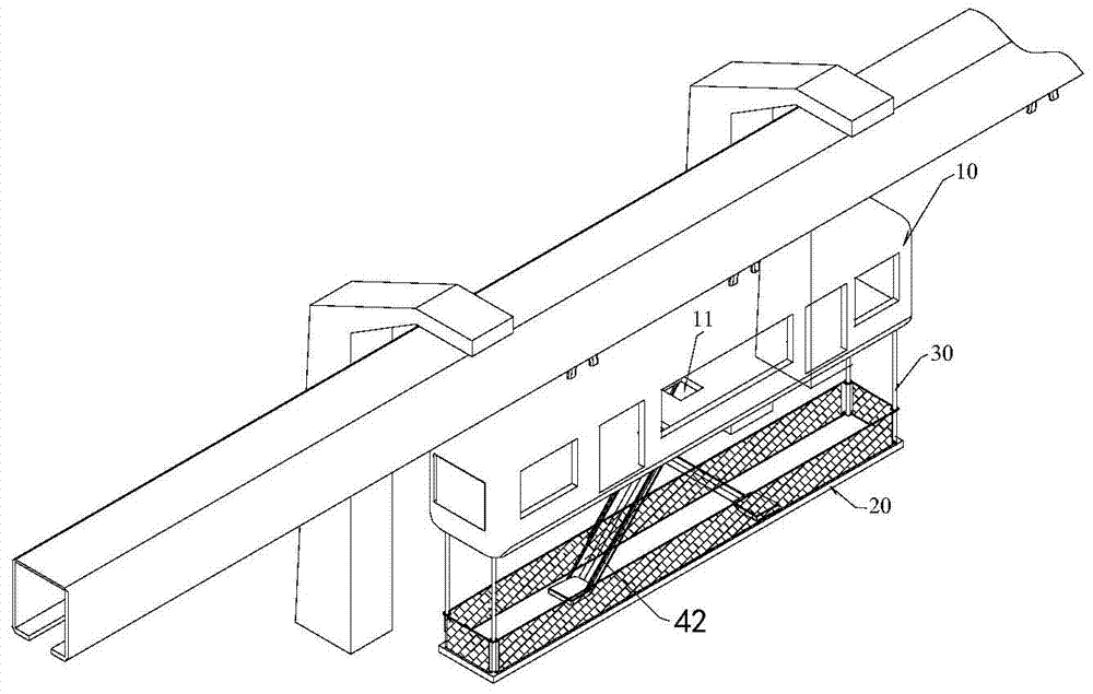 Passenger emergency evacuation system for suspended monorail trains