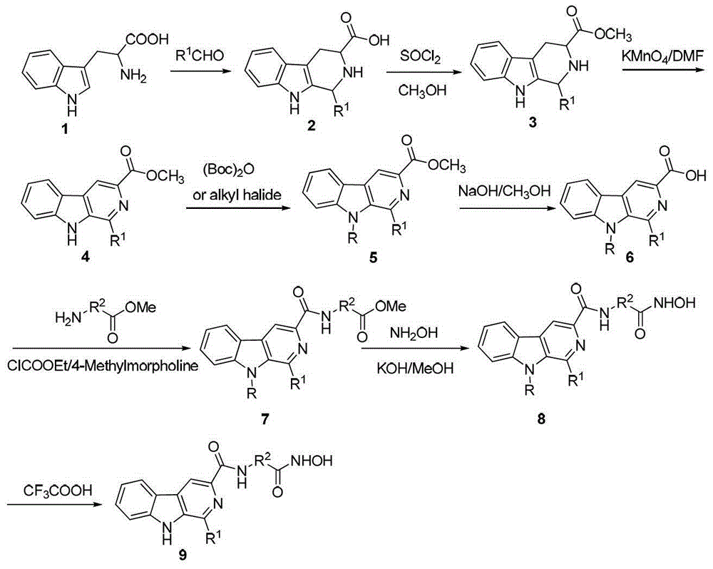 Beta-carboline derivative containing hydroximic acid as well as preparation method and medical application thereof