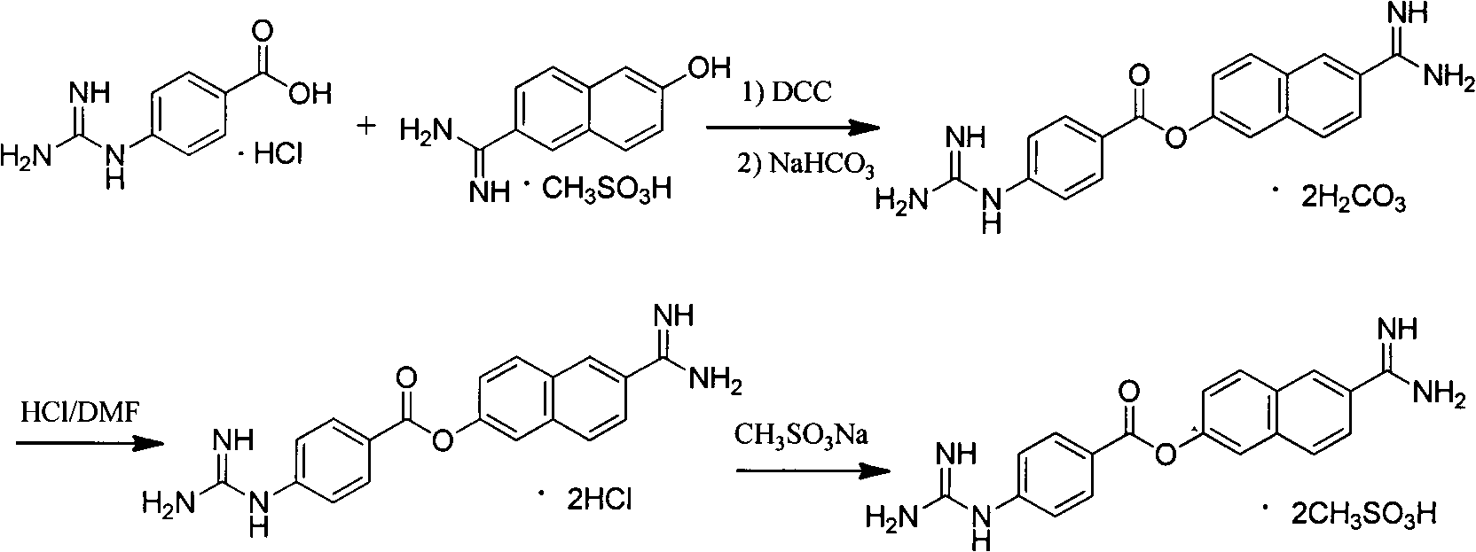 Method for preparing nafamostat hydrochloride and nafamostat mesylate