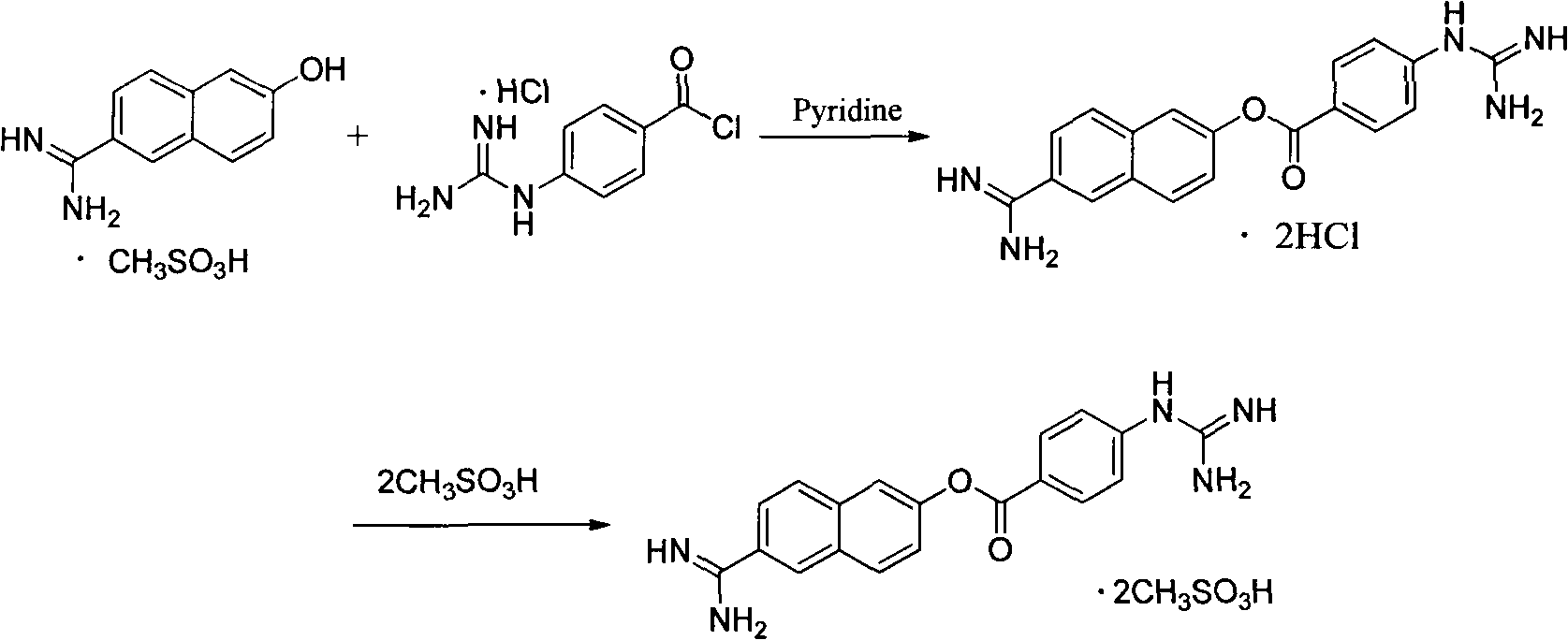 Method for preparing nafamostat hydrochloride and nafamostat mesylate