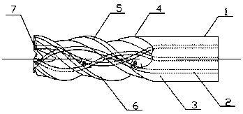 Four-edge end mill having cooling holes and variable spiral unequal tooth pitch