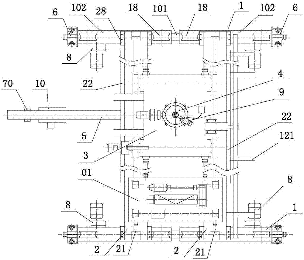 Cantilever crane with lifting trolley and balanced end beams and capable of rotating by any angles