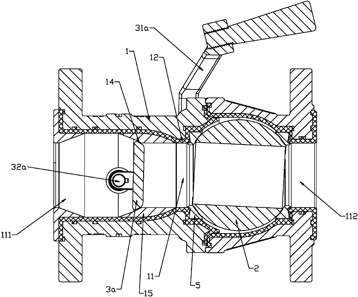 Fluorine-lined ball valve with sealing piece protecting function