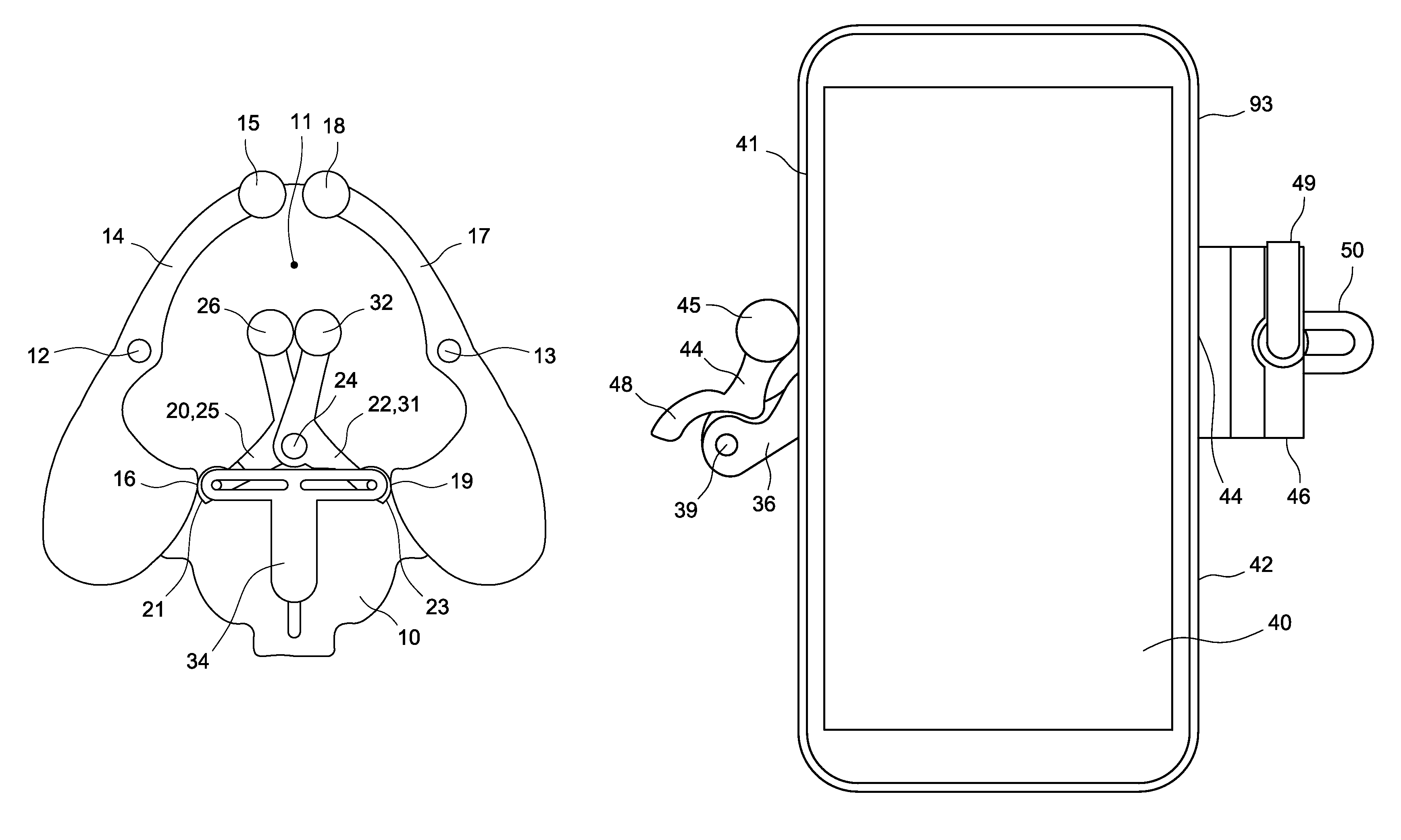 Self-centering mechanism, a clamping device for an electronic device and means for their integration