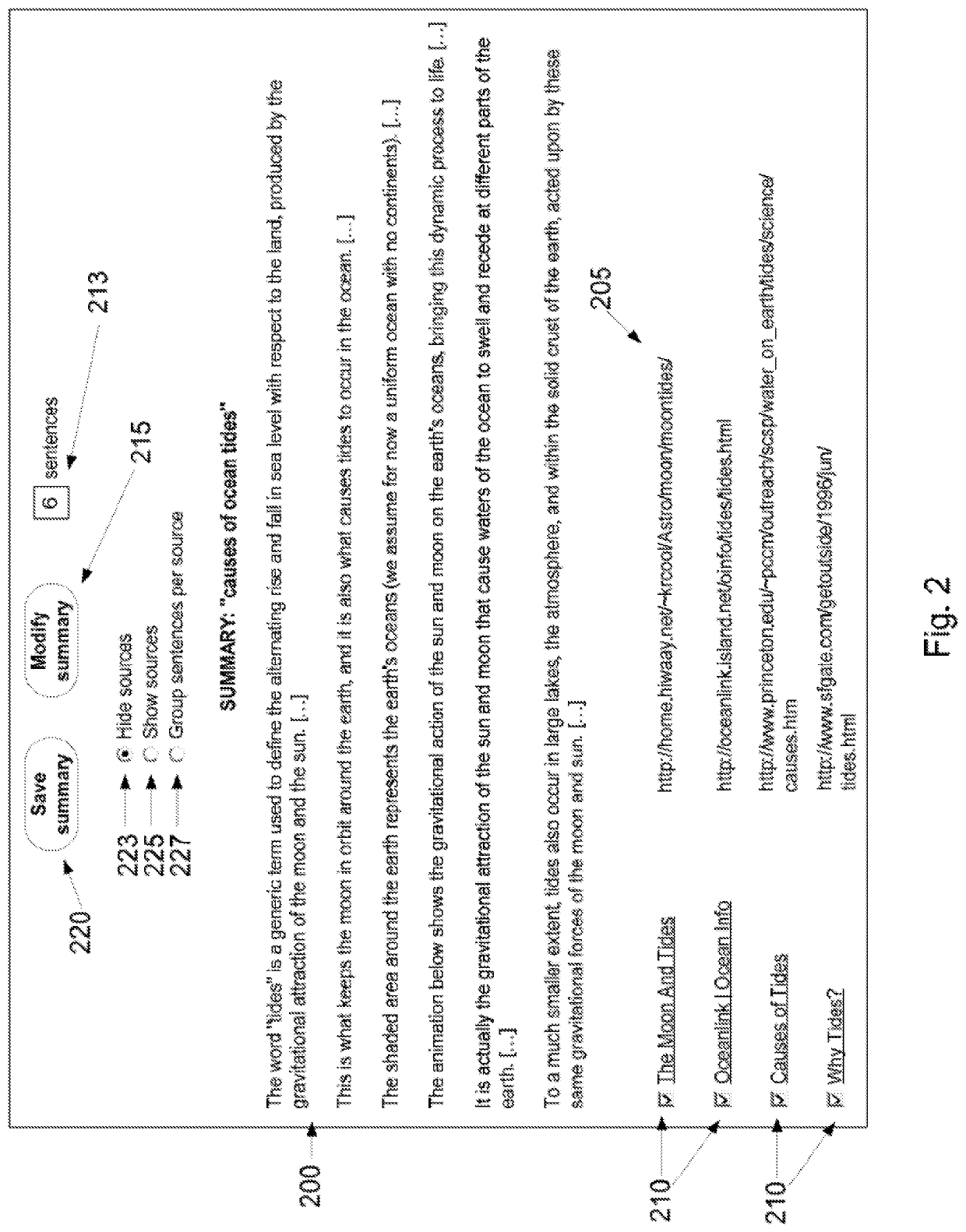 System, method, and user interface for a search engine based on multi-document summarization