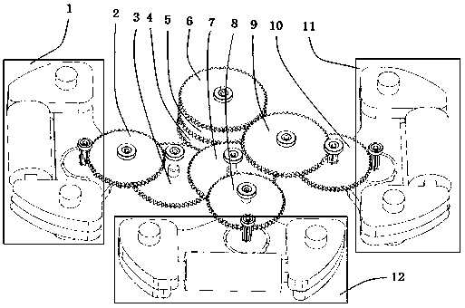 An analog watch movement with multiple hands that rotate independently about the same axis