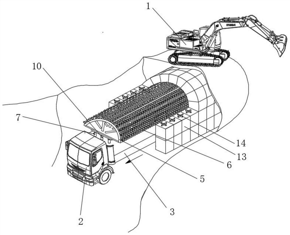 Construction method of buried arched building and construction device of construction method