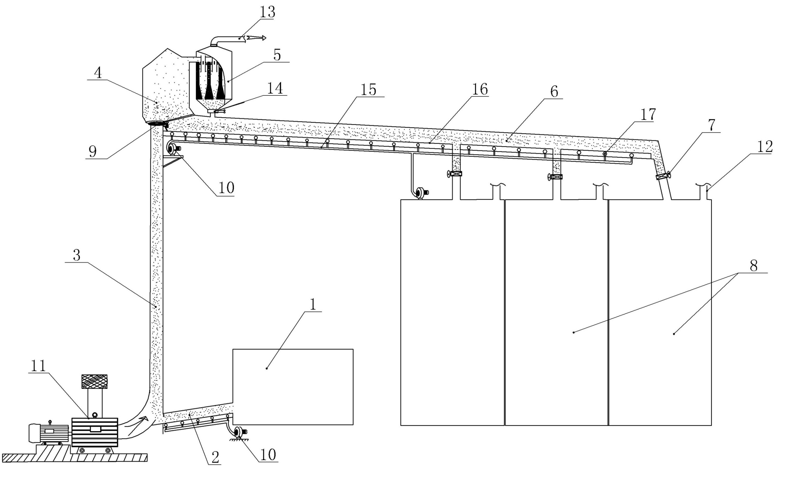 Pneumatic powder conveying gas material separation and decompression device and process